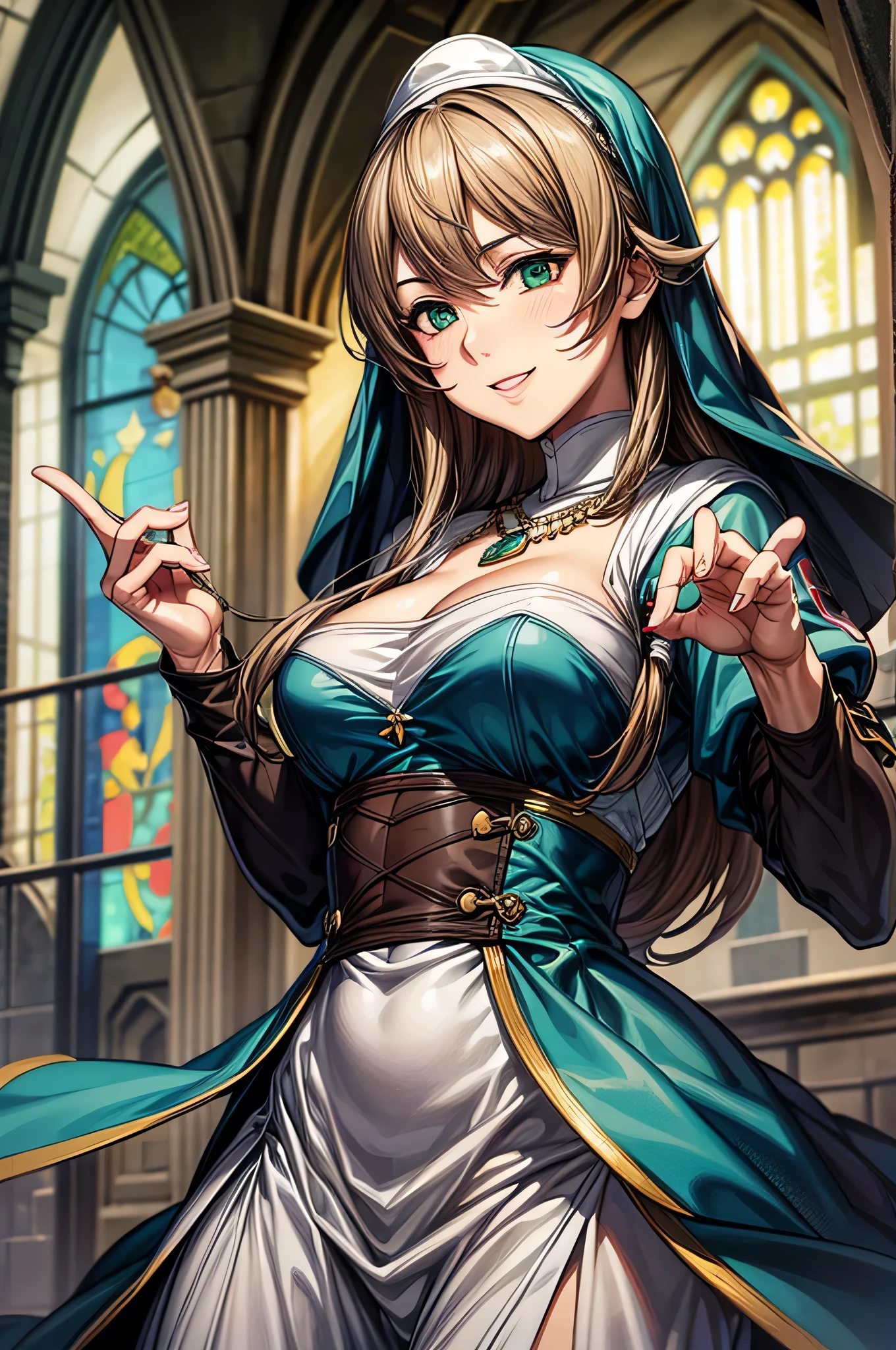 mature female,perfect hands, perfect finger,perfect anatomy, masterpiece, best quality,realistic, hyperrealistic, 16k hdr,,(Fairy skin:1.1),large breasts,(smile), light green outfit,puffy sleeves,cleavage,(nun:1.2),jewelry,necklace,Brown hair,Bangs,Green eyes,(church:1.2),Dynamic Pose,upper body,