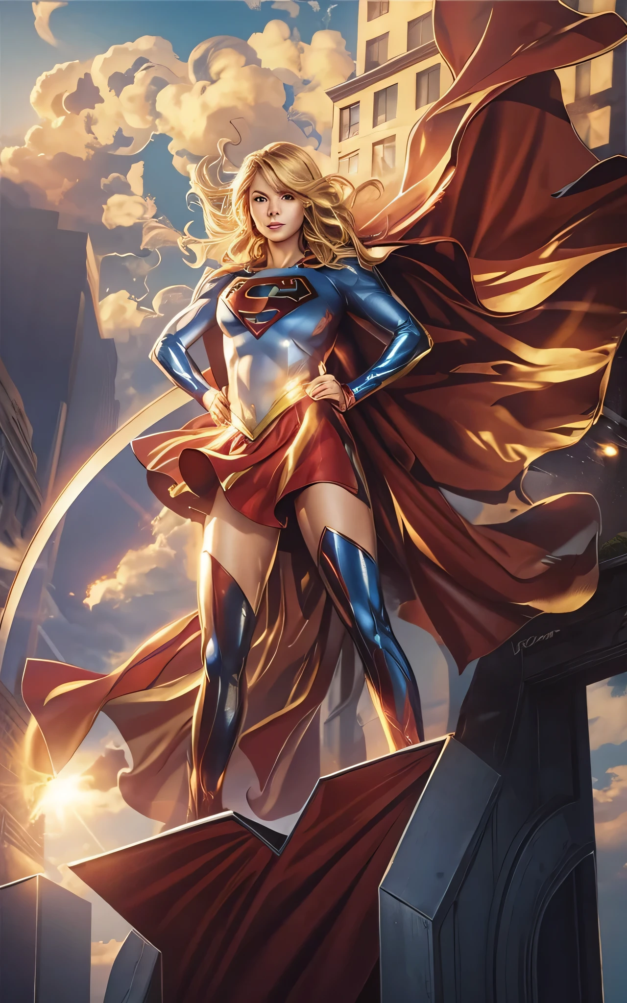 Supergirl flying in the city... smooth curves, blond hair, perfect costume