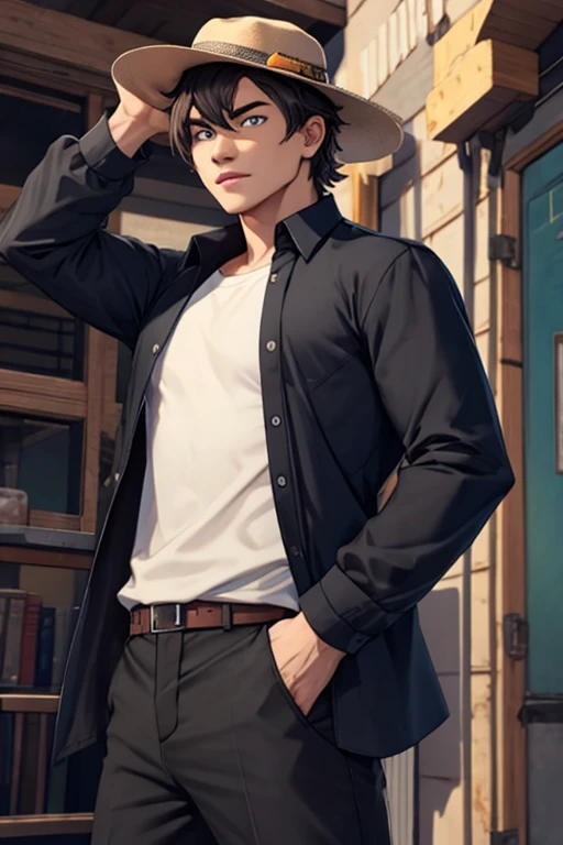 Create a male character with a hat and long-sleeved shirt, he is animated