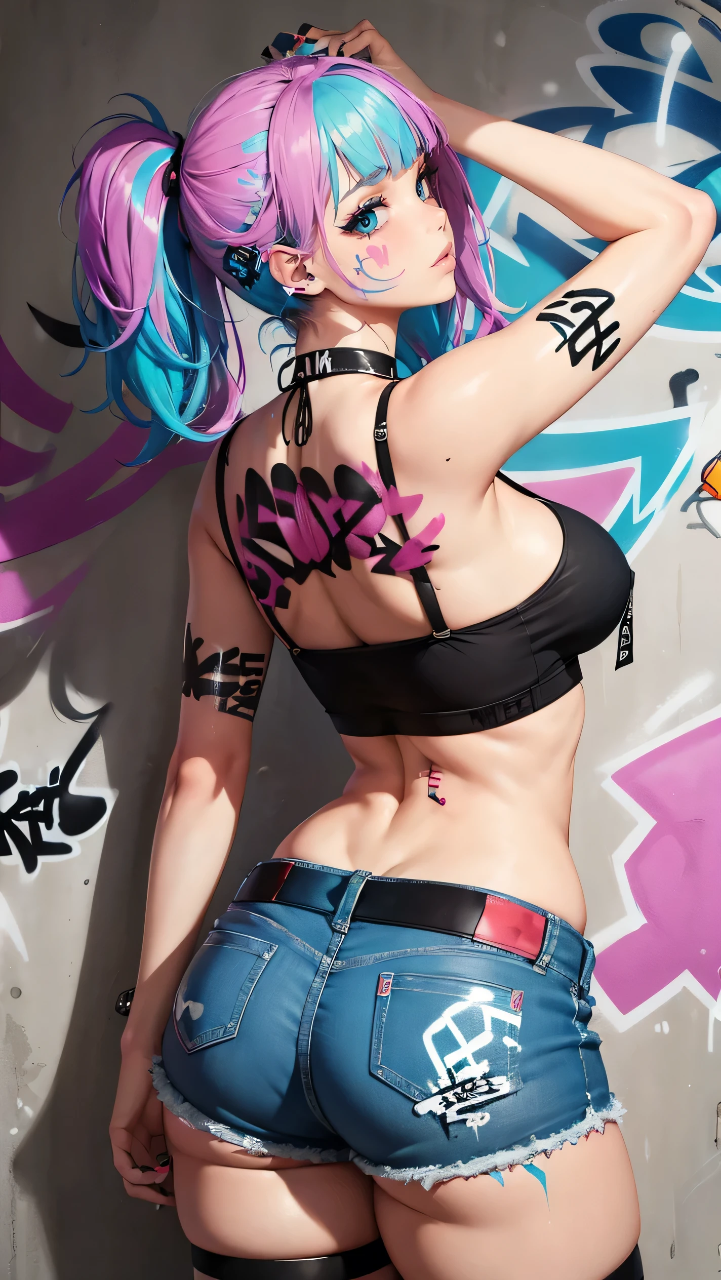masterpiece, best quality, bbw girl, solo, crop top, denim shorts, choker, (graffiti:1.5), paint splatter, arms behind back, rear view, looking at viewer, armband, thigh strap, paint on body, head tilt, bored, multicolored hair, aqua eyes, headset,nsfw