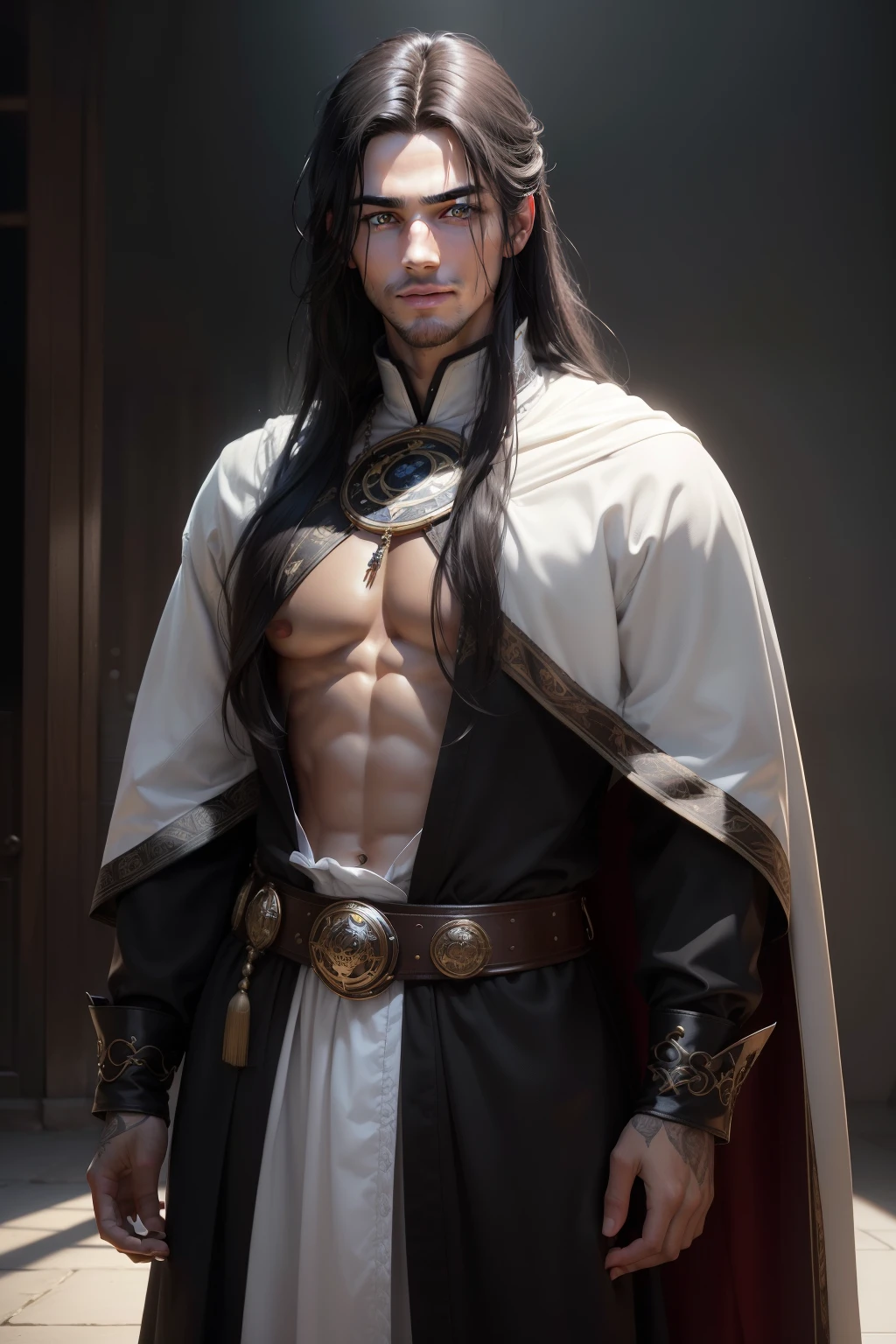 1 male with unique and attractive features, bright white skin, long and black hair that falls over his shoulders, ((big eyes, bright eyes, dark brown eyes, and these eyes carry a mysterious luster and hidden tale)). ((He has a warm and attractive smile that gives his face a touch of charm and attractiveness)), ((Wearing strange and unique clothes, reflecting an artistic and innovative character)), 8k, high quilty, realistic, beautiful realistic, Cool details, raw photo, realistic clothing, long hair, black hair, realistic hair, Light and cool lighting, photo realistic, Cel shaded, Gel lighting, ultra details