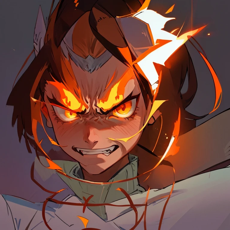 1girl, Brown Hair, Black Eyebrow, White Skin, Orange Tracksuit, drawing of a cartoon character with a very big grin on his face, scary angry pose, an angry expression, angry expression, evil expression, angry look, angry looking, very angry expression, angry female alien, evil pose, angry frown, very angry, evil queen, an angry, villain pose, dramatic queen pose, angry face, angry smile, intimidating woman