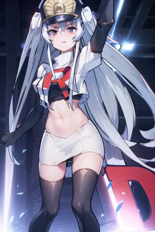 1girl, solo, altair, team rocket,team rocket uniform,white skirt,red letter R,crop top,black thigh-highs,black elbow gloves,