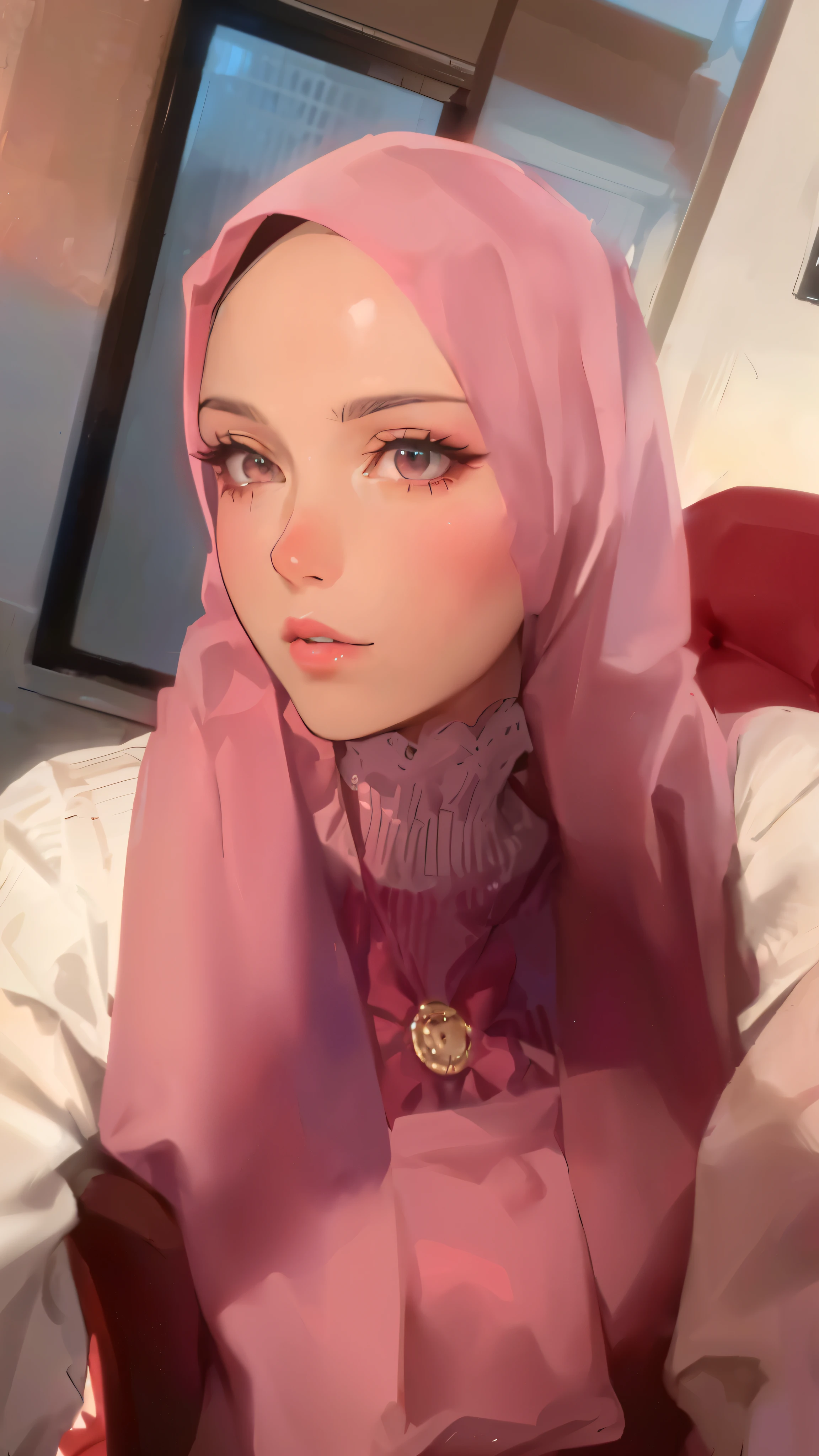 a woman wearing a pink hijab sitting on a chair, extremely detailed and realistic portrait, beautiful detailed eyes, beautiful detailed lips, extremely detailed face, long eyelashes, 8k, highres, photorealistic, semi-realism, hijab, kind expression, profile view, looking at the audience