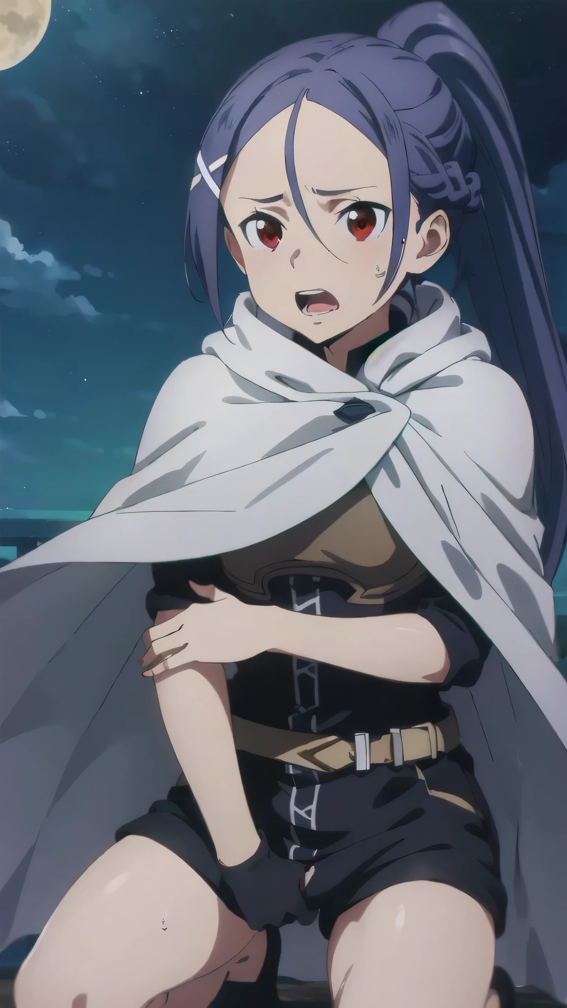 NSFW,Kneeling,Crotch grab,open mouth,sweat ,(masterpiece, highest quality:1.16), Red eyes, Cowboy Shot, Long ponytail, Up ponytail,Black shorts,White Cape, thigh, cute,night, Cross
 