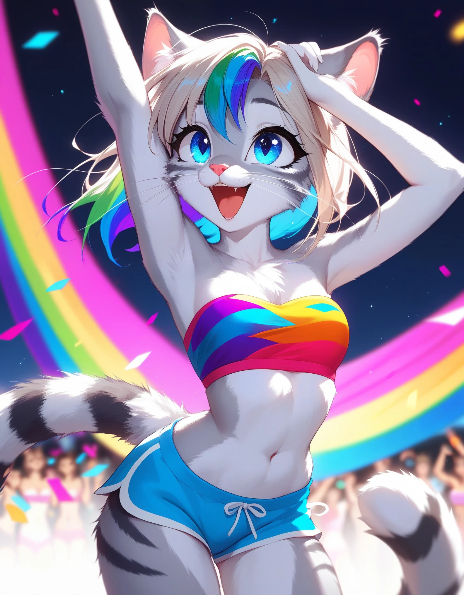 score_9,score_8_up,score_7_up, source_cartoon, source_furry, Kat, a cute Anthro furry feline girl, tall body, hourglass figure, adult female, blue eyes, :3, silver fur, long blonde hair, rainbow highlights in hair, white whiskers, pink nose, wearing rainbow bandeau, white short shorts, dancing, looking amazed, eyes sparkling, at a colorful parade, outdoors, looking up, laughing, in a bright vibrant city