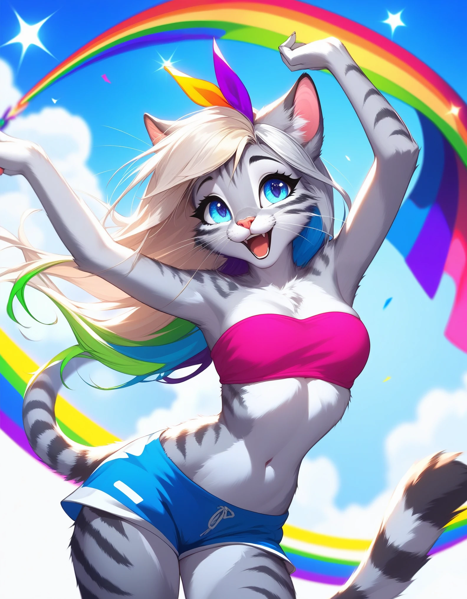 score_9,score_8_up,score_7_up, source_cartoon, source_furry, Kat, a cute Anthro furry feline girl, tall body, hourglass figure, adult female, blue eyes, :3, silver fur, long blonde hair, rainbow highlights in hair, white whiskers, pink nose, wearing rainbow bandeau, white short shorts, dancing, looking amazed, eyes sparkling, at a colorful parade, outdoors, looking up, laughing, in a bright vibrant city