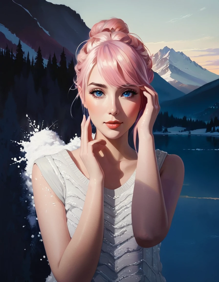 Create a winter landscape painting with a serene atmosphere, using a palette of light pink, muted blue, dark grayish blue, bright blue, very dark gray, and light grayish blue. The scene should feature a snowy forest in the foreground and a majestic mountain range in the background, capturing the transition of colors from the snow-covered trees to the vibrant hues of the sky and mountains at sunrise. The painting should evoke a sense of tranquility and the beauty of nature