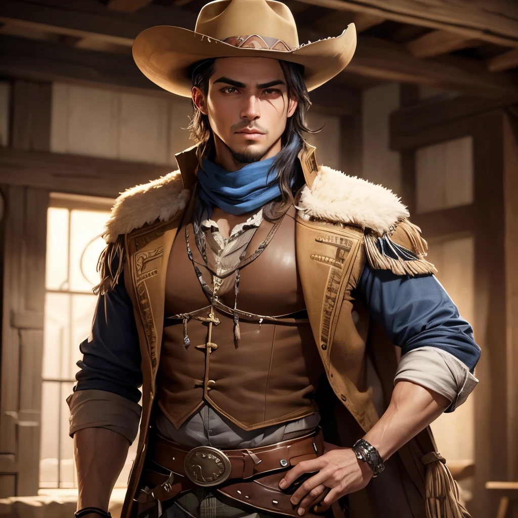 young latin homem with old west themed cold clothes, um olhar cansado, homem, RPG NPC Velho Oeste