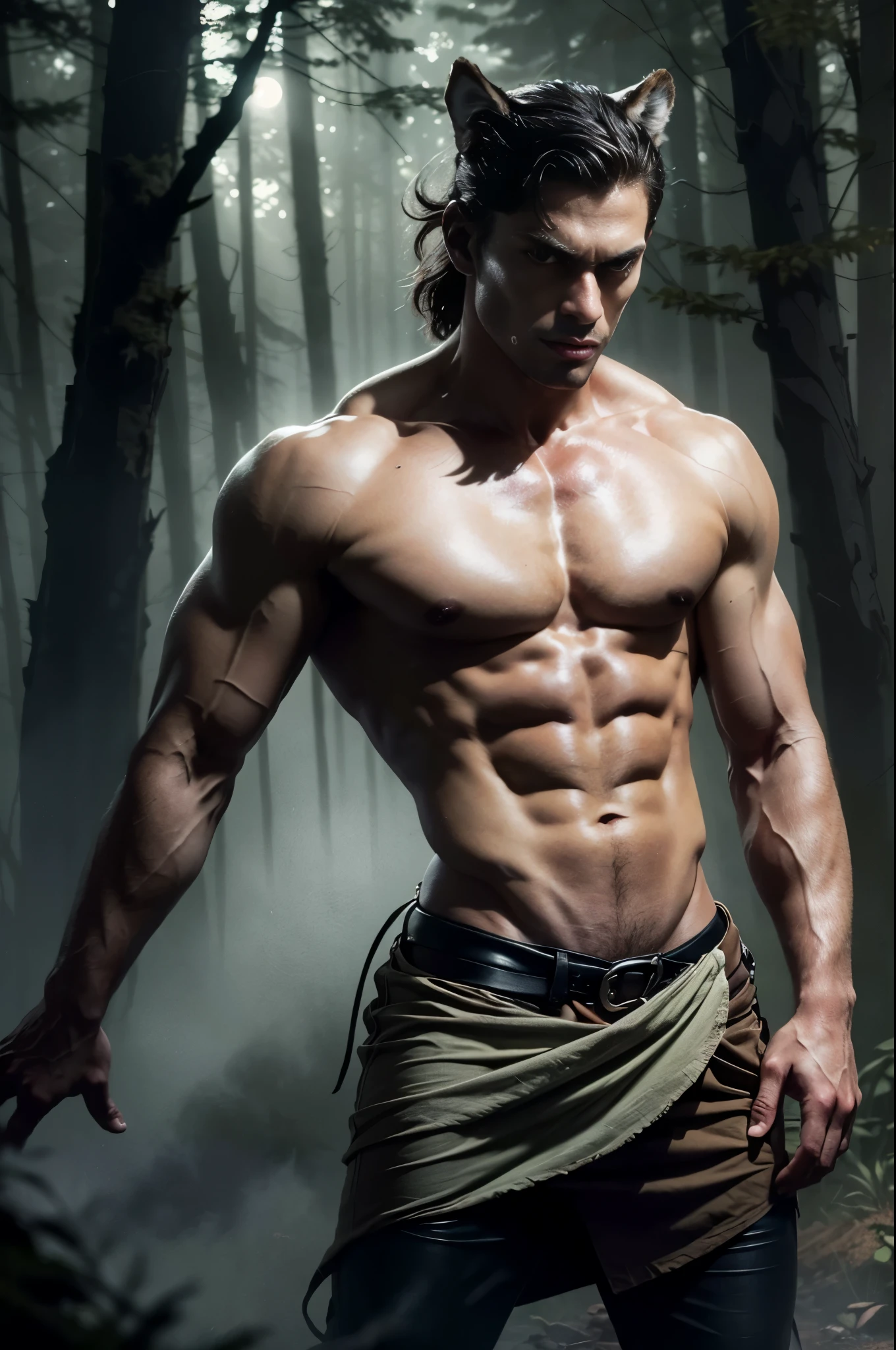 Photo-realistic, ((best quality)), ((masterpiece)), (detailed), perfect human face, short hair, handsome young male model, 18-year-old, super male model, handsome, tall, cute, evil looking, dark look powerful, young male model, handsome, super strong, muscular, fit, massive muscles, six pack, clean shave, blue eyes, pale skin, white pale skin, wavy messy silver hair, short messy hair, messy wavy hair, (werewolf ears:1.4), (wolf tail:1.4), werewolf claw, shirtless, bare-chested, muscle, ripped, strong body, fit body, destroyed dirty linen small skirt, destroyed dirty linen raped skirt, fog, valley fog, (haunted forest:1.4), horror forest, evil forest background, dark forest, 8k, high detailed, ultra-detailed, Stylish Pose, real skin texture, dramatic cinematic lighting, (HORROR:1.5), night, night time, dark, full moon