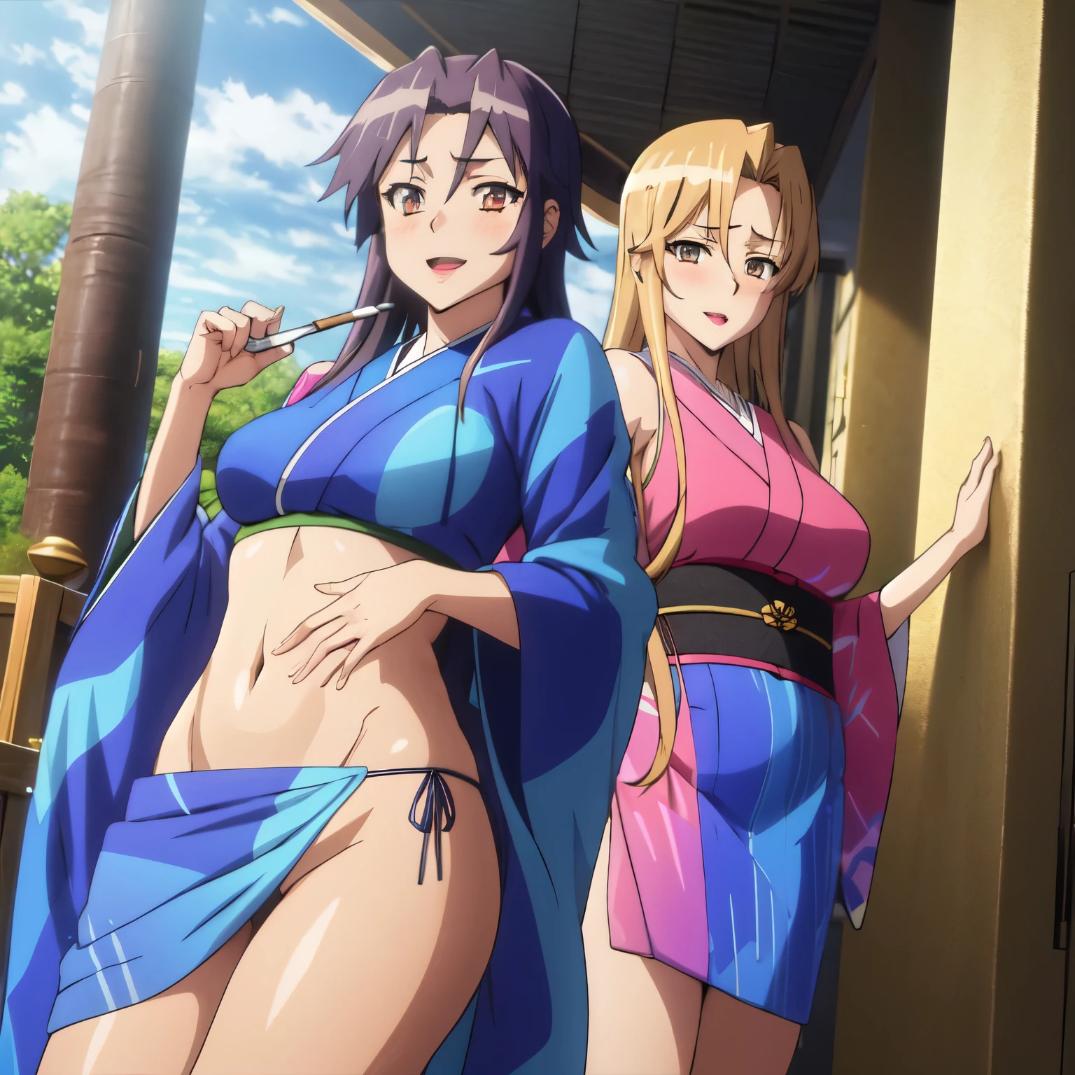 2girl, two girl, long hair, blush, lipstick, medium breasts, masterpiece, best quality, highly detailed, a anime girls in kimono dress with a sword posing for a
picture, bare shoulder,open kimono, evil smile, open mouth, crop top , smile,
ecchi anime style, anime girls, ecchi style, ecchi, digital anime art!!, in anime style, official artwork, visual
novel cg, beautiful anime girl, anime style 4 k, kimono pencil skirt, exposed belly, exposed navel,
exposed midriff, exposed lower belly, outdoor, japanese architecture, temple