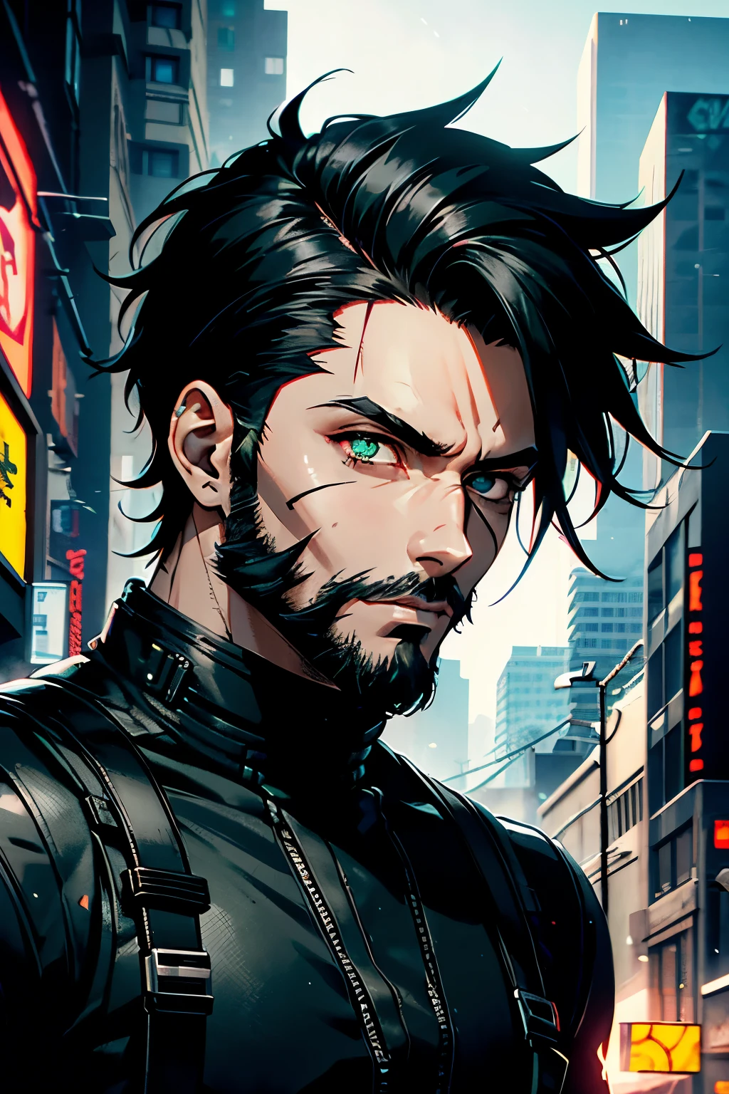 a 28-year-old man, fade cut Black hair, black beard, green eyes, gash on left side of face, blind left eye, left arm cybernetic prosthetic, one male individual, Anime style, Cyberpunk, Illuminated street, high quality picture, 4K, movie, Detailed face, the detailed images