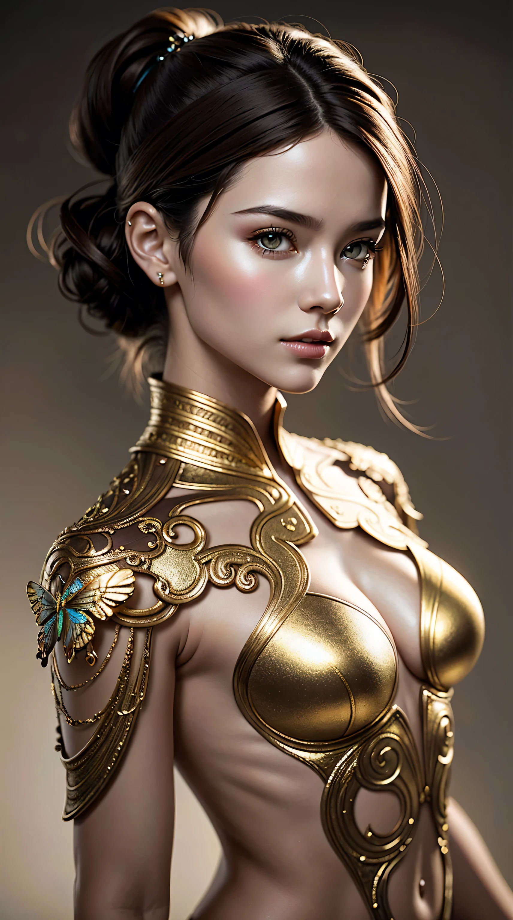 photo, 8k portrait of beautiful cyborg with brown hair, intricate, elegant, highly detailed, majestic, digital photography, art by artgerm and ruan jia and greg rutkowski surreal painting gold butterfly filigree, broken glass, (masterpiece, sidelighting, finely detailed beautiful eyes: 1.2), hdr, realistic, high definition