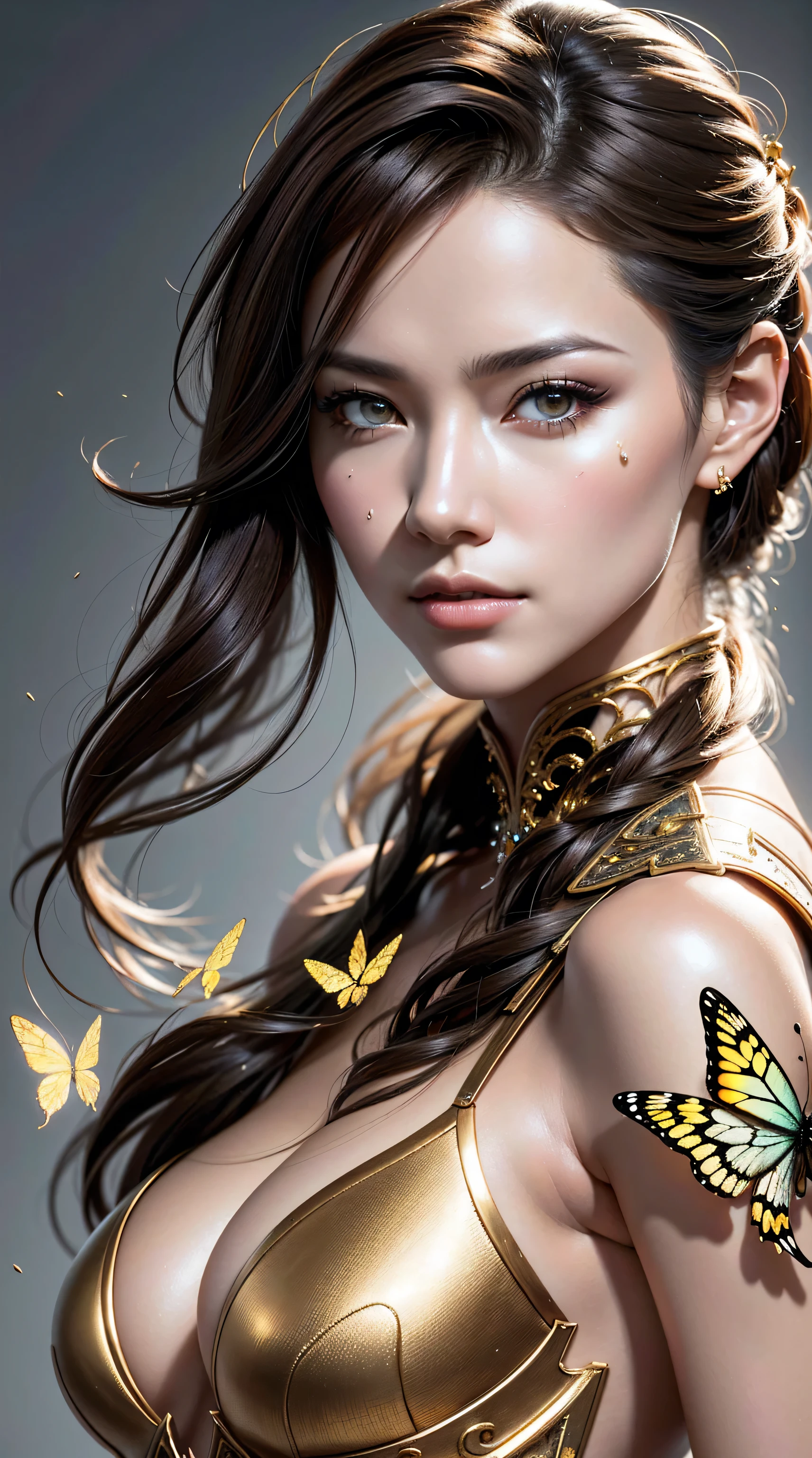 photo, 8k portrait of beautiful cyborg with brown hair, intricate, elegant, highly detailed, majestic, digital photography, art by artgerm and ruan jia and greg rutkowski surreal painting gold butterfly filigree, broken glass, (masterpiece, sidelighting, finely detailed beautiful eyes: 1.2), hdr, realistic, high definition