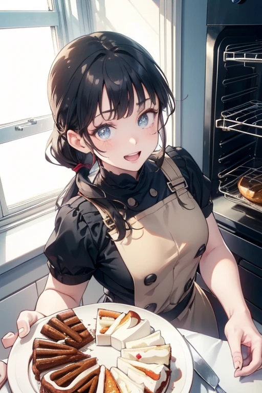 (dynamic angle:1.3, front view:1.1, breast focus:1.3, from above:1.1), (dynamic posing:1.2, sexy posing:1.2), (seductive smiling:1.3), ((looking at cake,Taking a cake out of the golden oven, worried about the outcome:1.2)),highest quality、(real、photorealistic:1.4),(ultra high resolution, 8K RAW photo, clear focus), best qualtiy, natural lighting, field depth, (Bright pupils, detailed beautiful eyes, high detailed face), Red lip, (tight focus:1.2), a girl 22yo old, Wearing a pastry chef uniform:1.3 , Thicc, thin breast, long hair, blue eyes,a pastry pretty girl:1.1, (highly detailed beautiful face and eyes,small breasts),real skin,((black,hair,long pony tail hair)),thin pubic hair,cute,lovely, detailed eyes,(double breasted:1.0,under bust:1.0),(with sparkling eyes and a contagious smile),open mouth, Looking at Viewer,A scene of cooking in the kitchen with the oven made by goldden