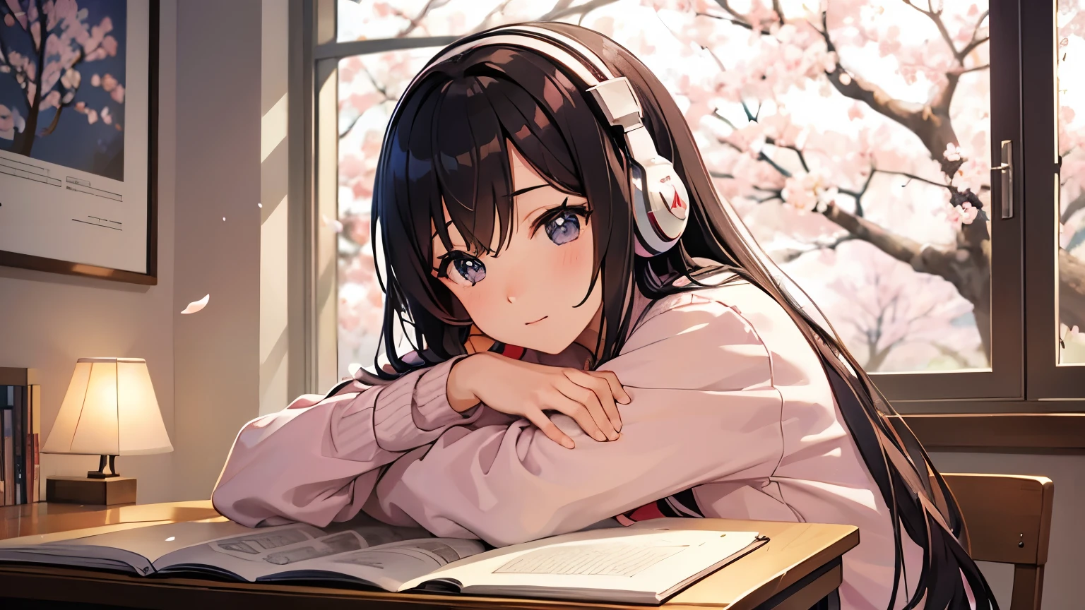 Beautiful girl studying in her room listening to music with headphones　Warm lighting　Outside the room, cherry blossoms are blooming　Japanese anime style