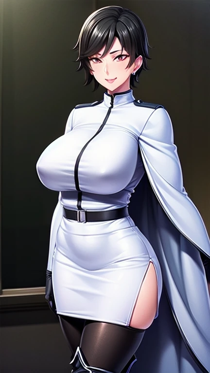 (masterpiece, best quality, ultra detailed, absurdres, looking at viewer)1.5, 1girl, (sexy, beautiful woman, perfect face, perfect eyes, perfect female body)1.5, (JuliaBloodstone, short hair, earrings, black hair, red eyes, mature female, milf, extremely detailed clothes, smile, white uniform, black gloves, white pencil skirt, black pantyhose, thigh boots, white Cloak, ), (standing, futuristic interior), night, smooth, hdr,