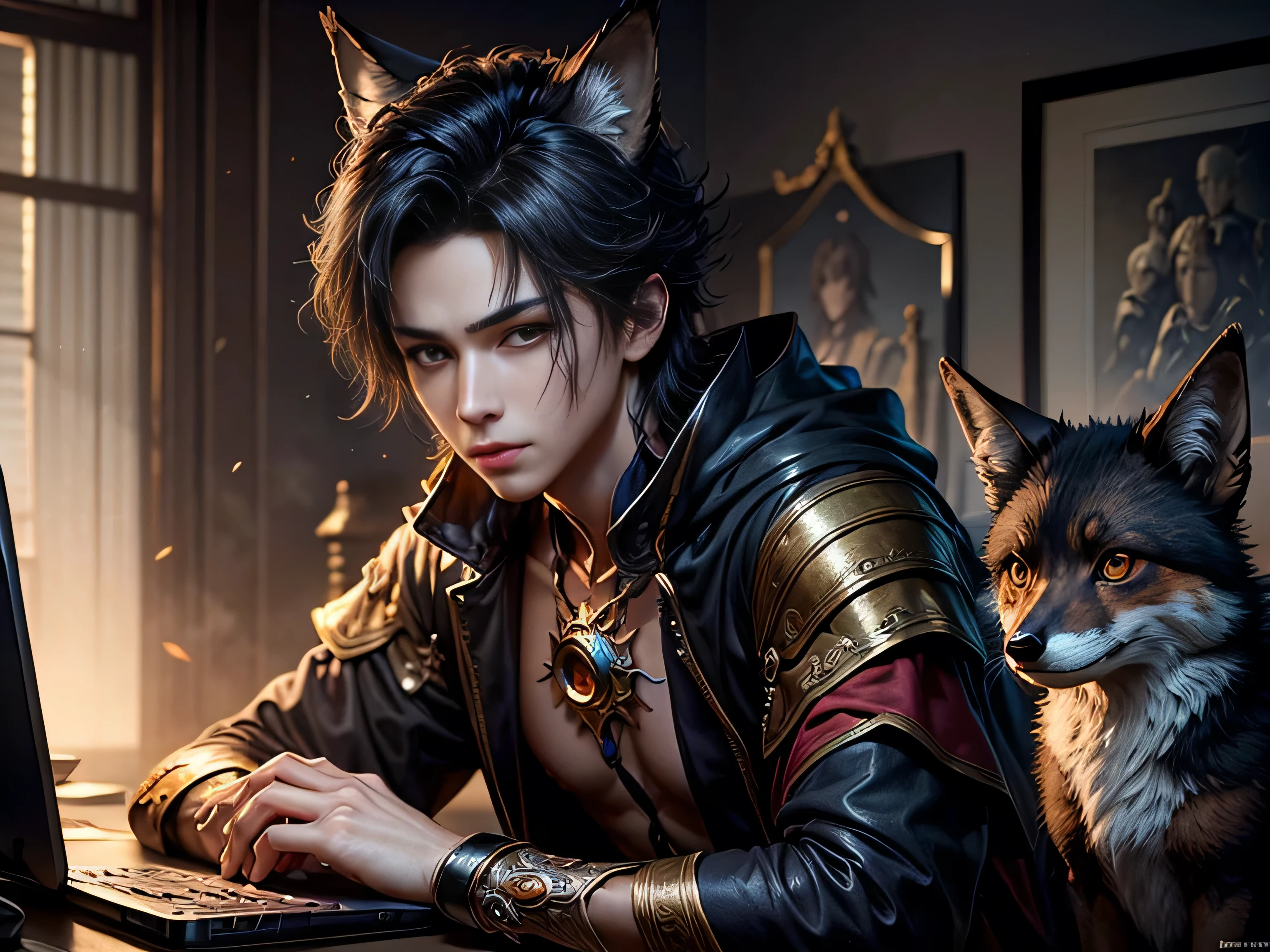 (Best Quality, 8K, Masterpiece, HDR, Soft Lighting, Picture Perfect, Realistic, Vivid), Black Haired Guy and Little Fox Lying on the Snow, Handsome Male Kitsune, Digital Anime Illustration, Beautiful Illustration , beautiful digital artwork, exquisite digital illustrations, realistic digital anime art, realistic anime style digital art, (ultra high quality fantasy art), masterpiece, ultra high quality male character designs, 8k development anime art, realistic anime art , wallpaper illustrations of the highest quality, complex ultra high quality accurate faces of male characters, high quality design and accurate physics (ultra high quality fantasy style)), art, dark fantasy)) Style), masterpieces, super high quality characters, anime resolution - 8K, realistic anime art , wallpaper illustrations of the highest quality, ultra-high detail of faces, high-quality design and accuracy of physics), color, depth of field, shadows, ray tracing, production of computer wallpapers of high quality and 8K resolution, Fantasy Love Fox, Dark Fox-magician, (Accurate simulation of interaction light and materials)], [Highly detailed hair [More about beautiful and shiny red hair]], (Beautifully detailed hands [perfect fingers [Perfect nails]], (perfect anatomy (perfect proportions))) [[Full-length]], [Perfect color combination (Accurate simulation of the interaction of light and material)], [art that conveys the meaning of a story]
