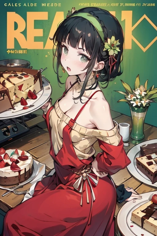 (small breasts:1.3), (perky chest:1.1), (pointed chest:1.0), (Pudding cake magazine cover:1.3),(from above:1.0),(from side:0.9),masterpiece, 1girl, Amazing Cleavage:1.1, thin waist, big ass, Raised sexy, small breast: 1.3, posed cleavage:1.2、solo, looking at viewer, open mouth, have a cute grass of cute beergrass,black hair, dark green eyes, dress, bare shoulders, jewelry, collarbone, sidelocks, hairband, earrings, indoors, off shoulder, :o, sweater, arms behind back, plant, short hair with long locks, gild hairband, off-shoulder dress, sweater dress, off-shoulder sweater, red sweater, dark gord hair, big side hair, very long side hair,is rendered in (masterpiece: 1.2, best quality), with (ultra high resolution) and an exquisite (depth of field). This masterpiece is not only visually stunning but also tells,A scene of cooking in the kitchen by classroom