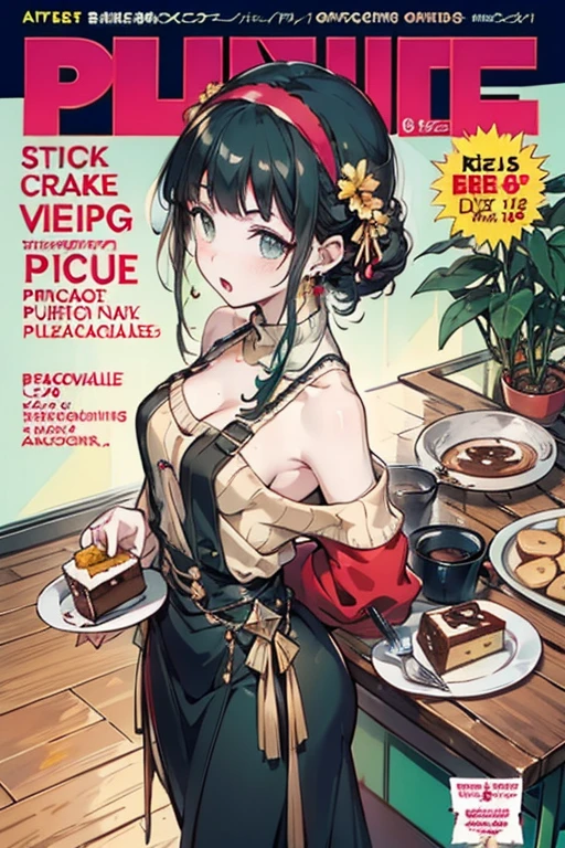 (small breasts:1.3), (perky chest:1.1), (pointed chest:1.0), (Pudding cake magazine cover:1.3)，(from above:1.0),(from side:0.9),masterpiece, 1girl, Amazing Cleavage:1.1, thin waist, big ass, Raised sexy, small breast: 1.3, posed cleavage:1.2、solo, looking at viewer, open mouth, have a cute grass of cute beergrass,black hair, dark green eyes, dress, bare shoulders, jewelry, collarbone, sidelocks, hairband, earrings, indoors, off shoulder, :o, sweater, arms behind back, plant, short hair with long locks, gild hairband, off-shoulder dress, sweater dress, off-shoulder sweater, red sweater, dark gord hair, big side hair, very long side hair,is rendered in (masterpiece: 1.2, best quality), with (ultra high resolution) and an exquisite (depth of field). This masterpiece is not only visually stunning but also tells,A scene of cooking in the kitchen by classroom
