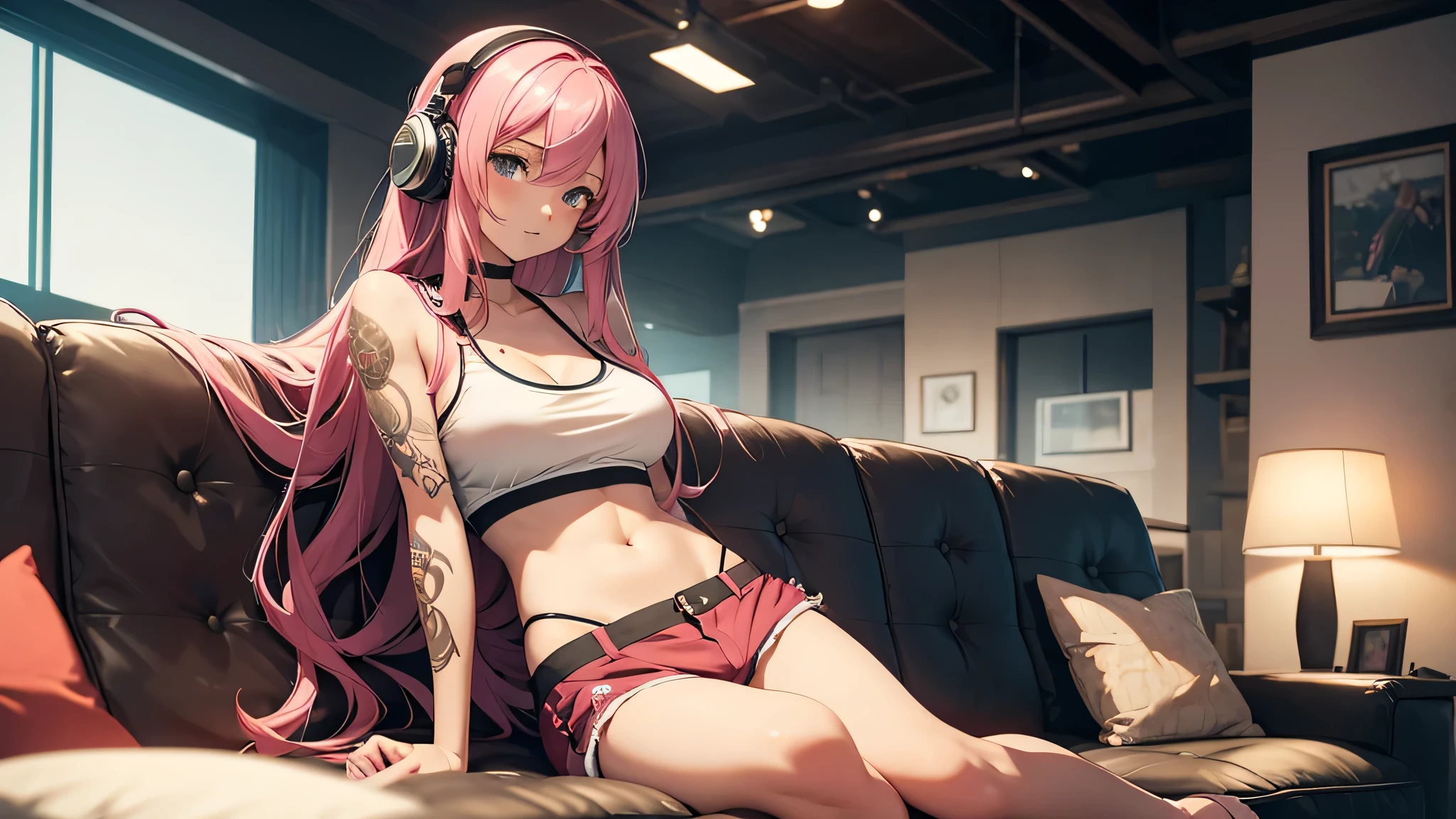 Create an image of a beautiful, erotic anime girl with long pink hair and tattoos, showing her stomach while relaxing in a cozy lounge. She is wearing a short tank top and shorts, with headphones on, enjoying her music while lounging on the couch. The scene is set in a warm, dimly lit lounge with plush seating and personal items scattered around, creating a sense of intimacy and relaxation. The ambiance should be inviting and cozy, with soft lighting enhancing the serene atmosphere