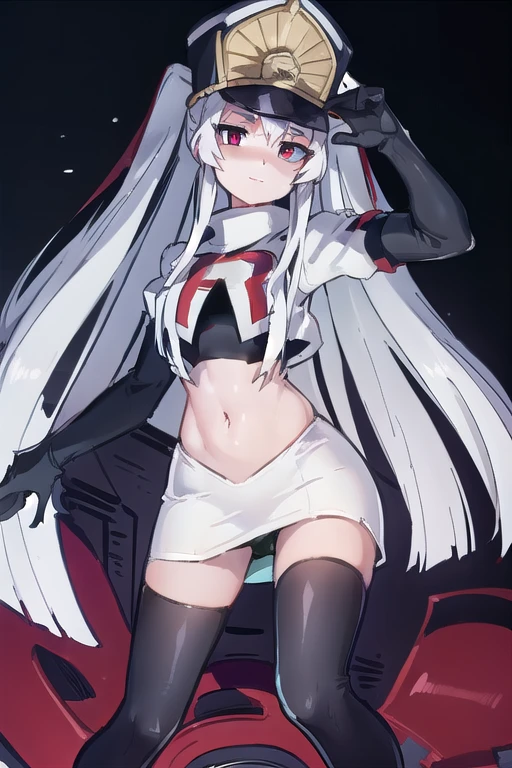 1girl, solo, altair, team rocket,team rocket uniform,white skirt,red letter R,crop top,black thigh-highs,black elbow gloves,