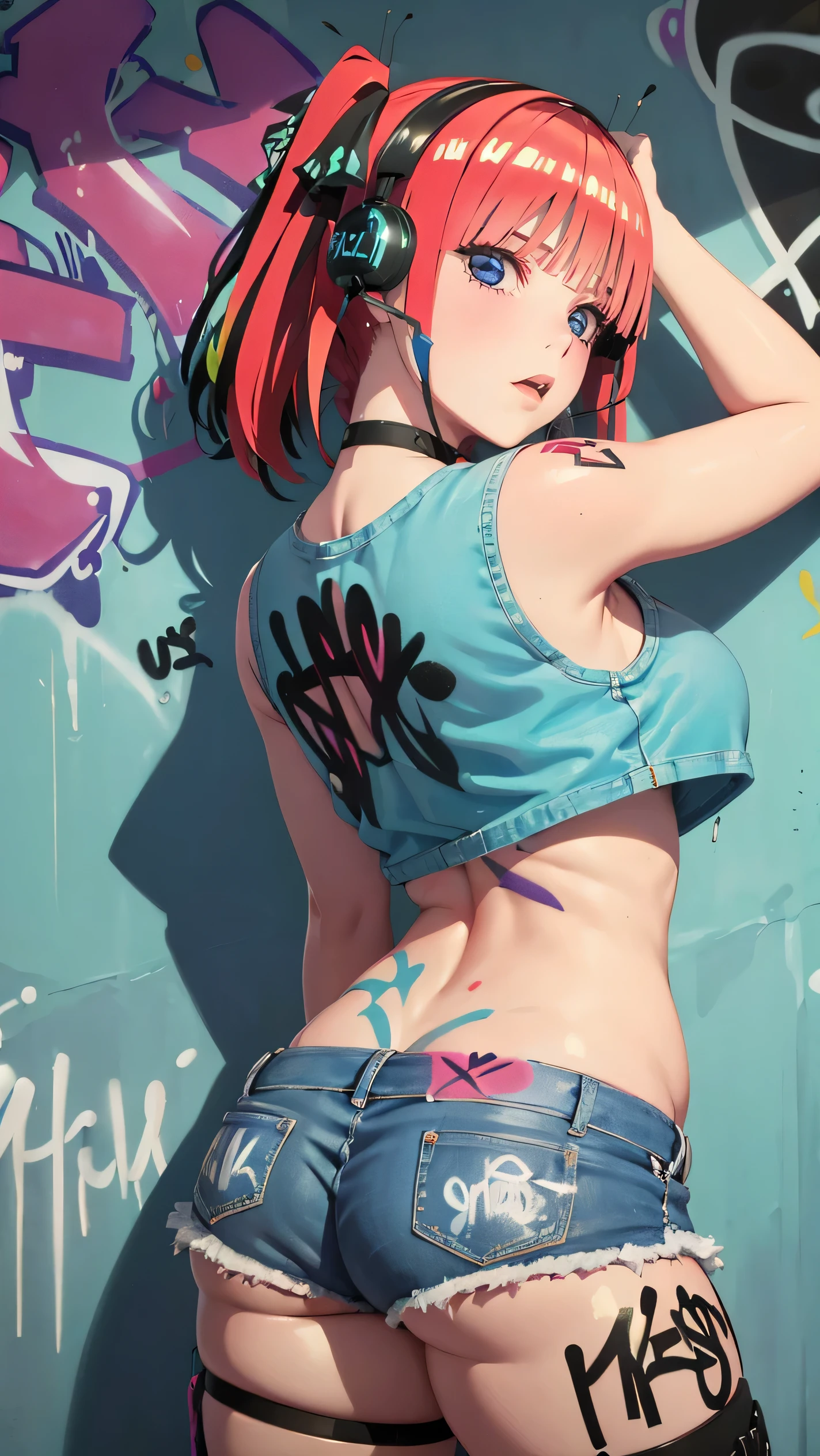 masterpiece, best quality, bbw girl, solo, crop top, denim shorts, choker, (graffiti:1.5), paint splatter, arms behind back, rear view, looking at viewer, armband, thigh strap, paint on body, head tilt, bored, multicolored hair, aqua eyes, headset,nsfw