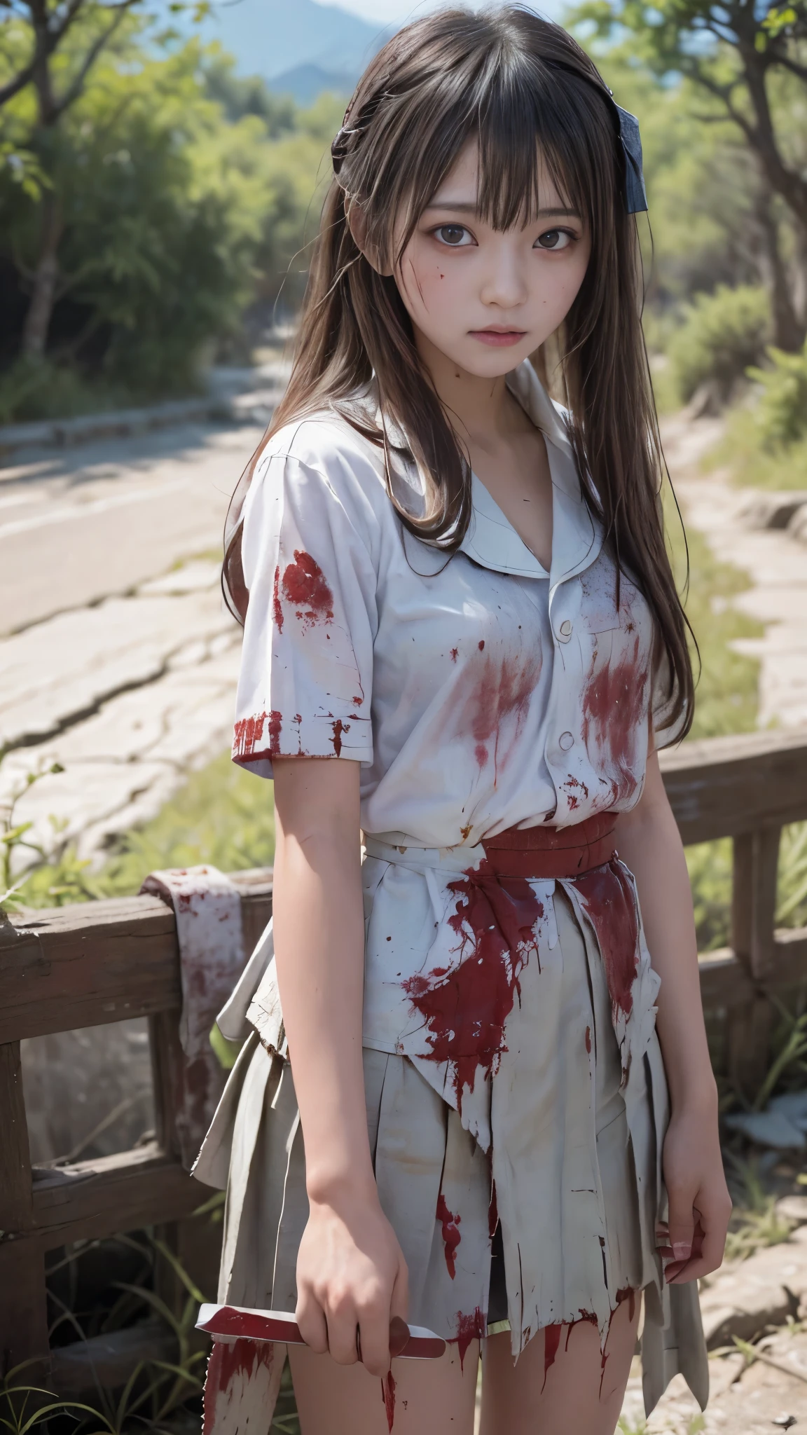 (8K, RAW Photos, highest quality, masterpiece:1.2), (Realistic, Photorealistic:1.37), Ultra-detailed, 超A high resolution, (Battle Royale Heroine), (A beautiful 15-year-old Japanese high school student desperately fleeing from enemies on a deserted island), Fearful expression, School uniforms, uniform, Torn, dirty and tattered sailor uniform, Disheveled clothing, Torn cloth, (Heavily bloodstained clothing:1.5), Short pleated skirt, Torn Skirt, Dirty Hair, Dirty Face, Dirty Skin, (Skin covered in blood:1.5), Riding on mountain roads, Stunningly beautiful face, Dynamic Angle, Dynamic Lighting, (Holding a machete:1.3), (Detailed eyes and face), (Detailed hands and legs), (Perfect Anatomy)