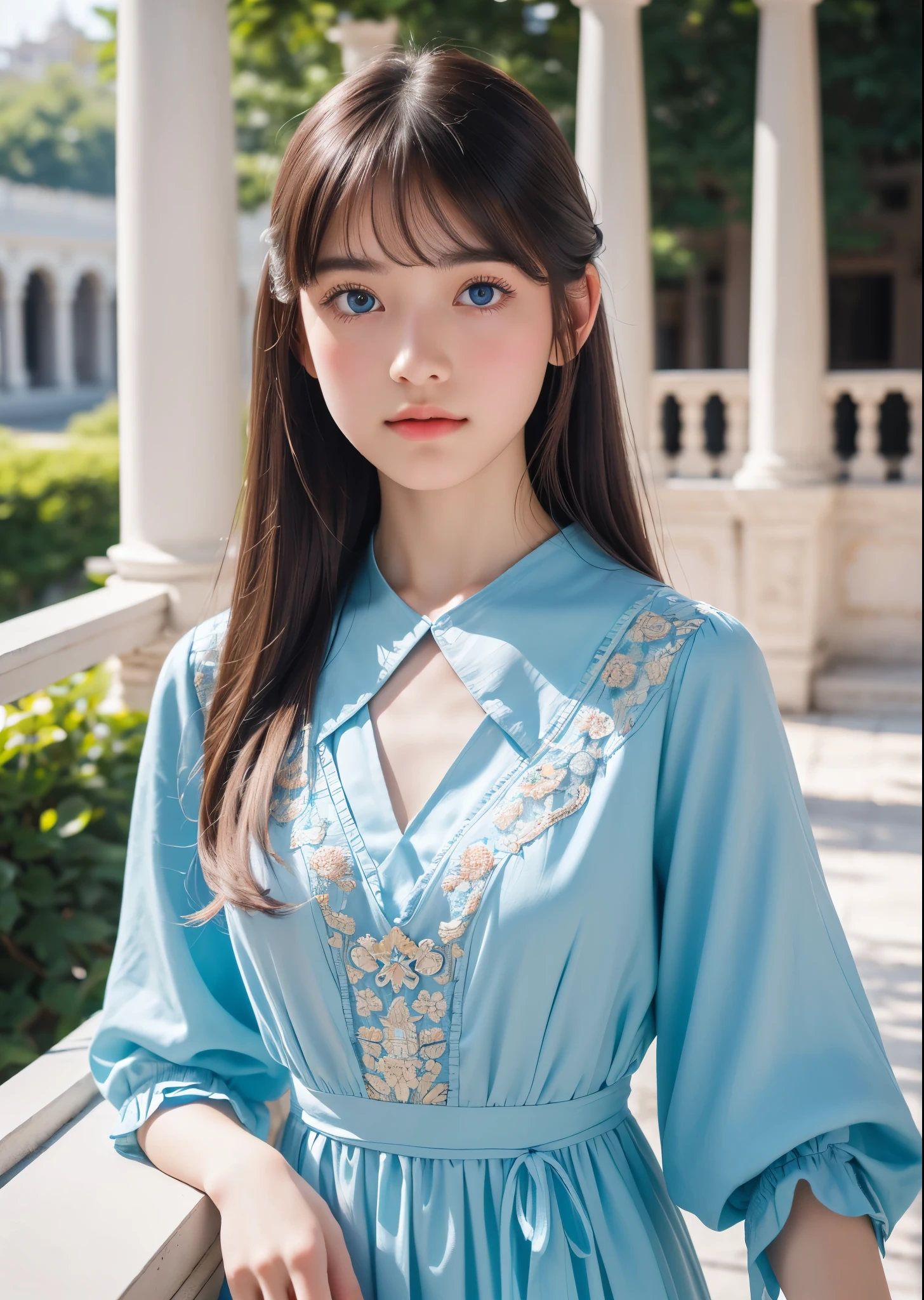 (8k, RAW Photos, highest quality, masterpiece:1.2), (Realistic, photo-Realistic:1.37),One girl, Very cute 、 Big light blue eyes, Long hair with bangs, super detailed cloth, beautiful decoration on dress、On the terrace of the palace on a sunny day