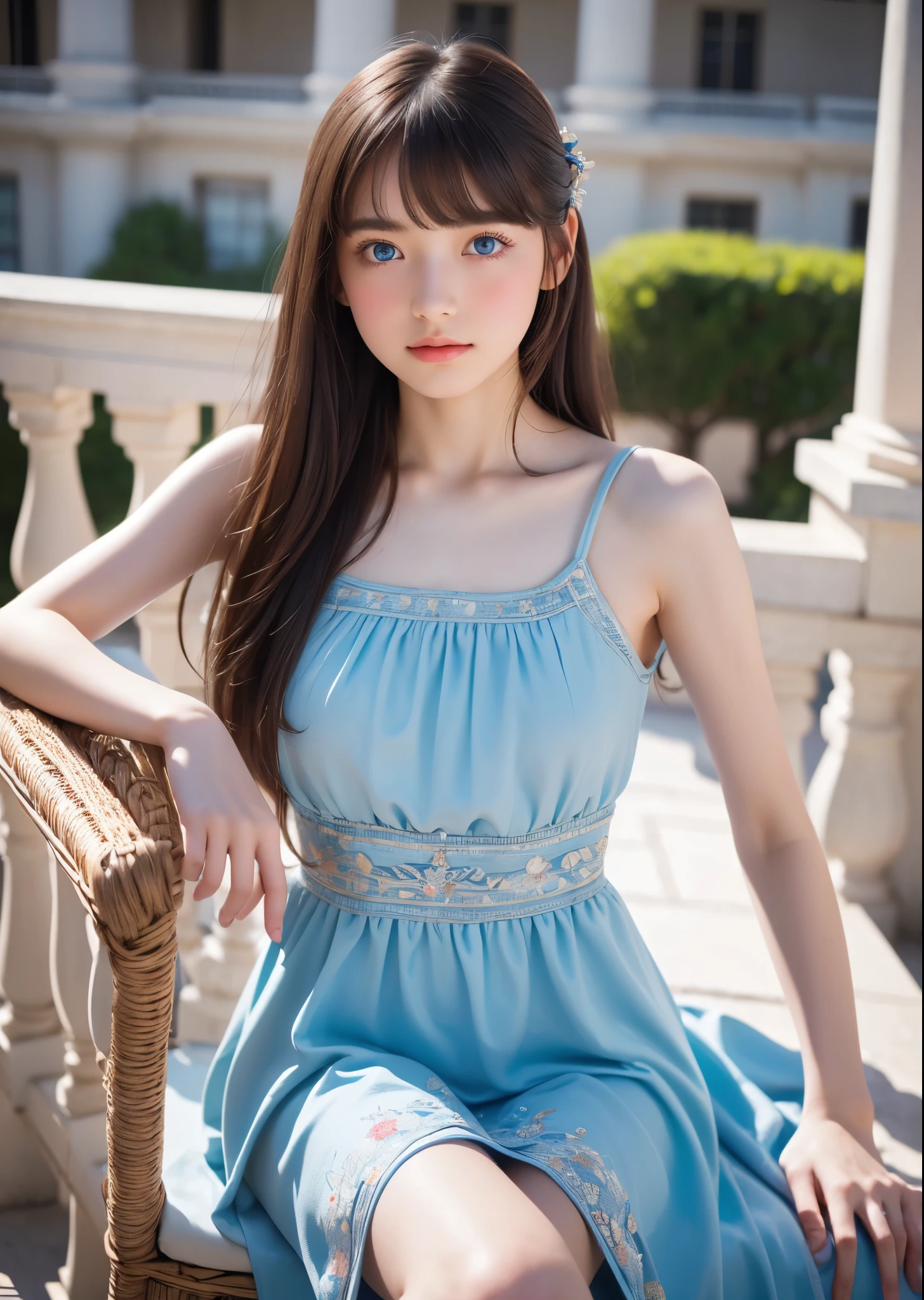 (8k, RAW Photos, highest quality, masterpiece:1.2), (Realistic, photo-Realistic:1.37),One girl, Very cute 、 Big light blue eyes, Long hair with bangs, super detailed cloth, beautiful decoration on dress、On the terrace of the palace on a sunny day