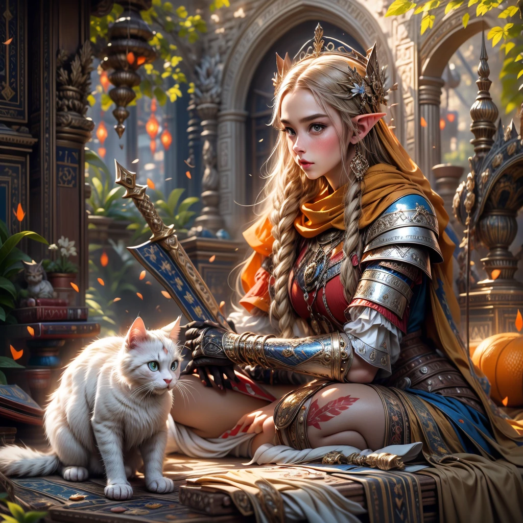 (one person with a cat) (hyperrealistic) (masterpiece) (4k) one adult female elf with dark blonde hair, forehead, wearing medieval clothes and silver armor playing with a big orange-white cat with orange-green eyes, medieval nature background, sword, books, medieval place, nature, summer, elf with her pet, one elf and one cat