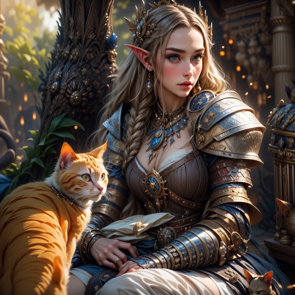 (one person with a cat) (hyperrealistic) (masterpiece) (4k) one adult female elf with dark blonde hair, forehead, wearing medieval clothes and silver armor playing with a big orange-white cat with orange-green eyes, medieval nature background, sword, books, medieval place, nature, summer, elf with her pet, one elf and one cat