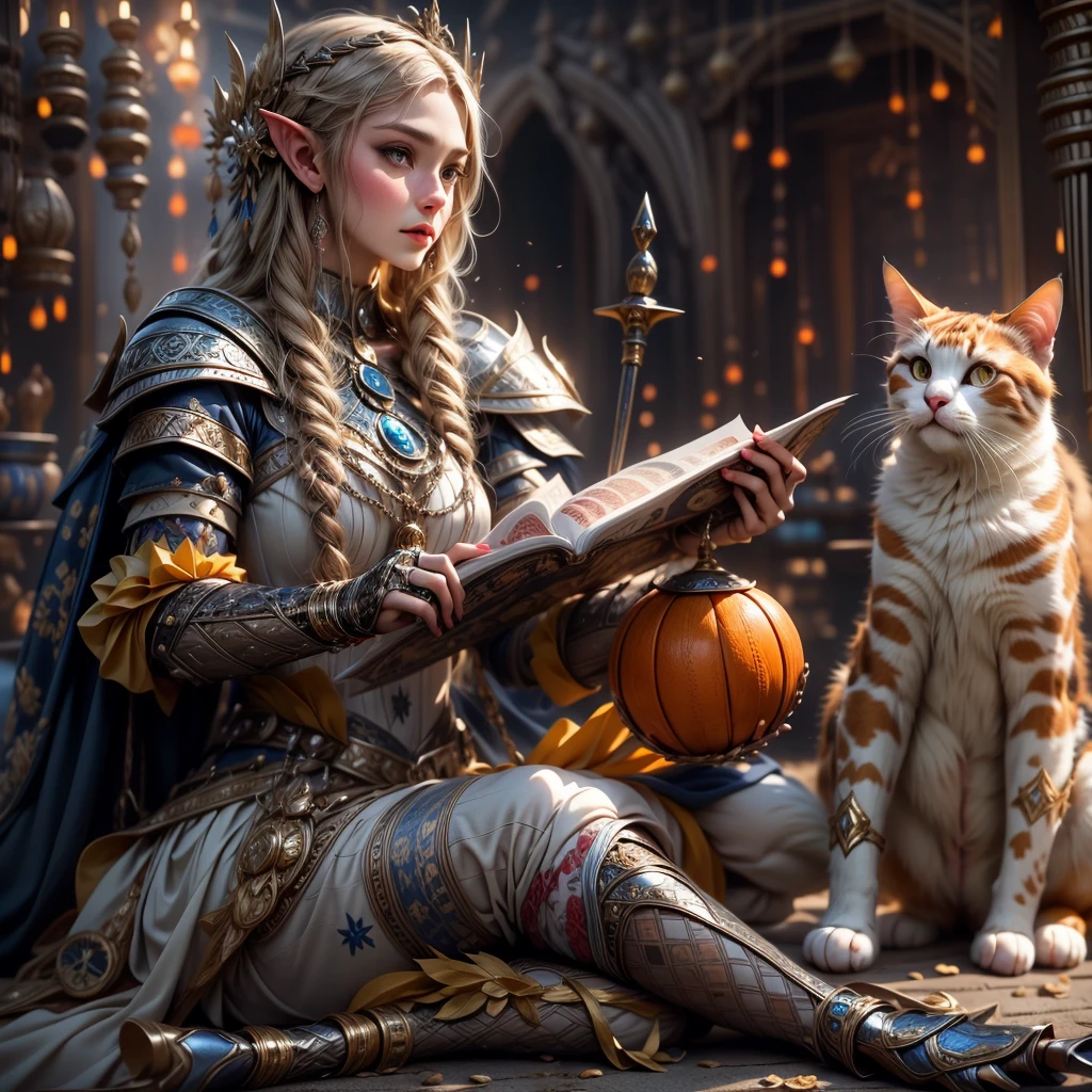 (one person with a cat) (hyperrealistic) (masterpiece) (4k) one adult female elf with dark blonde hair, forehead, wearing medieval clothes and silver armor playing with a big orange-white cat with orange-green eyes, medieval nature background, sword, books, medieval place, nature, elf with her pet, one elf and one cat