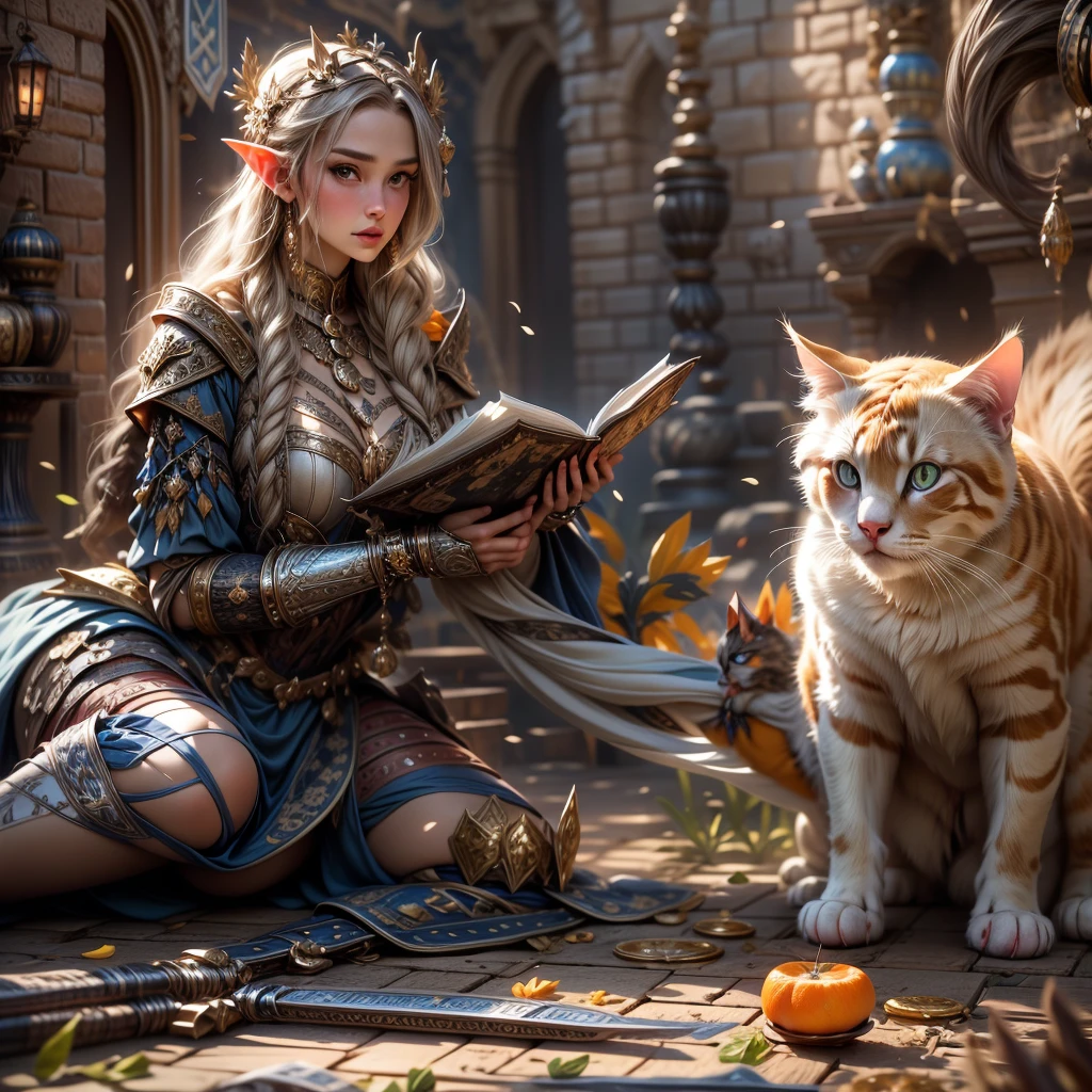 (one person with a cat) (hyperrealistic) (masterpiece) (4k) one adult female elf with dark blonde hair, forehead, wearing medieval clothes and silver armor playing with a big orange-white cat with orange-green eyes, medieval nature background, sword, books, medieval place, nature, elf with her pet, one elf and one cat