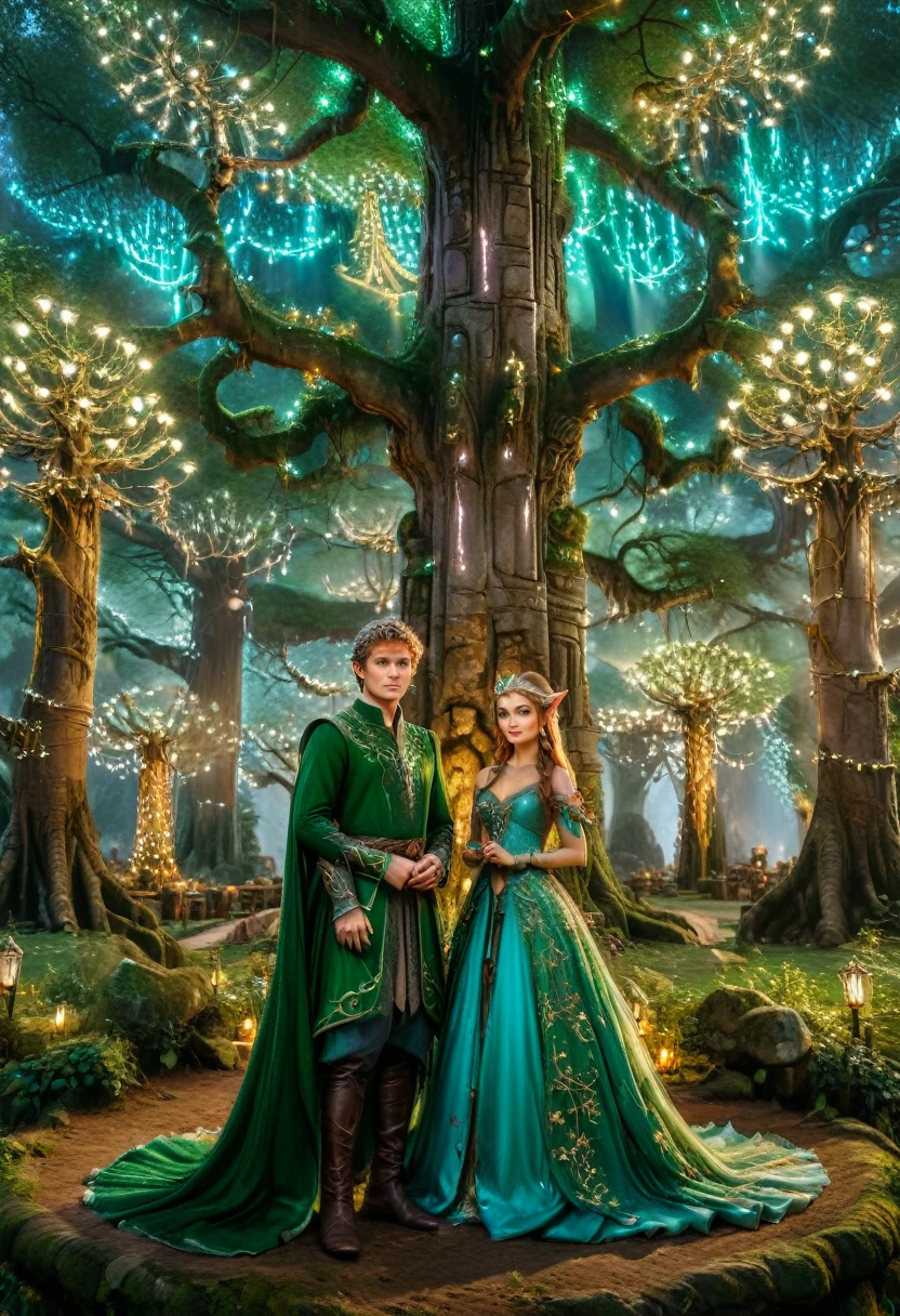 The style is fantastical, with elf lovers standing under ancient giant trees, dressed in traditional and gorgeous dresses, surrounded by shimmering elf lights, and the background featuring ancient trees and traces of time. Their eyes are firm and full of love, and the camera is panoramic, (masterpiece, best quality, Professional, perfect composition, very aesthetic, absurdres, ultra-detailed, intricate details:1.3)