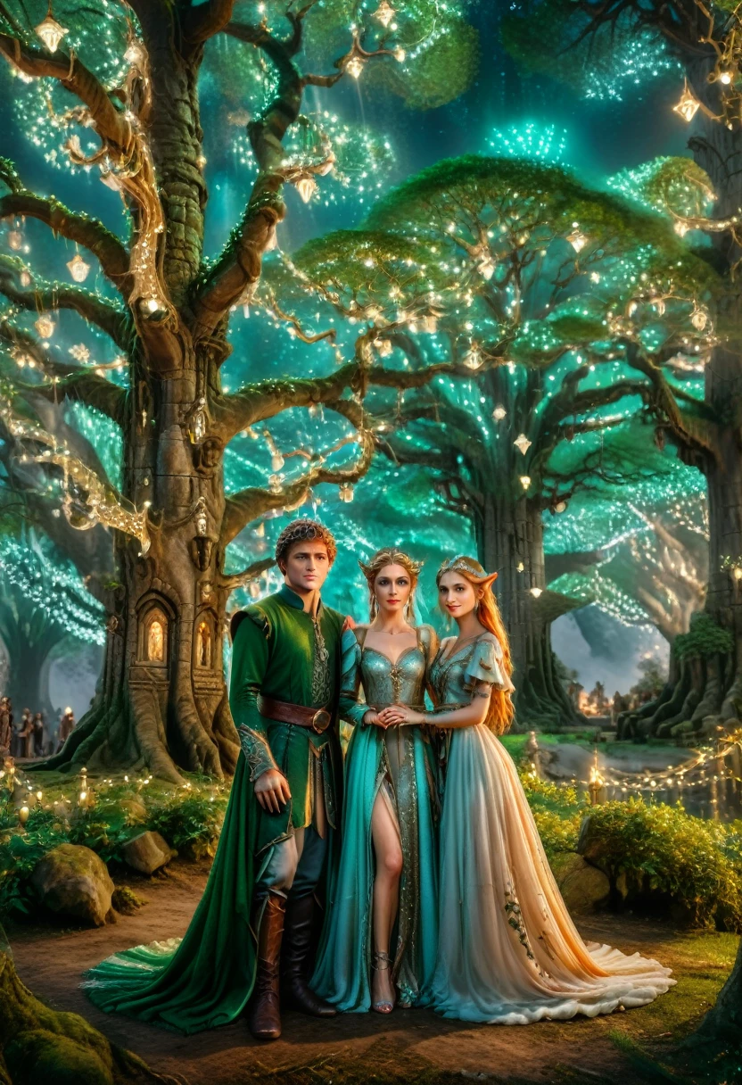 The style is fantastical, with elf lovers standing under ancient giant trees, dressed in traditional and gorgeous dresses, surrounded by shimmering elf lights, and the background featuring ancient trees and traces of time. Their eyes are firm and full of love, and the camera is panoramic, (masterpiece, best quality, Professional, perfect composition, very aesthetic, absurdres, ultra-detailed, intricate details:1.3)