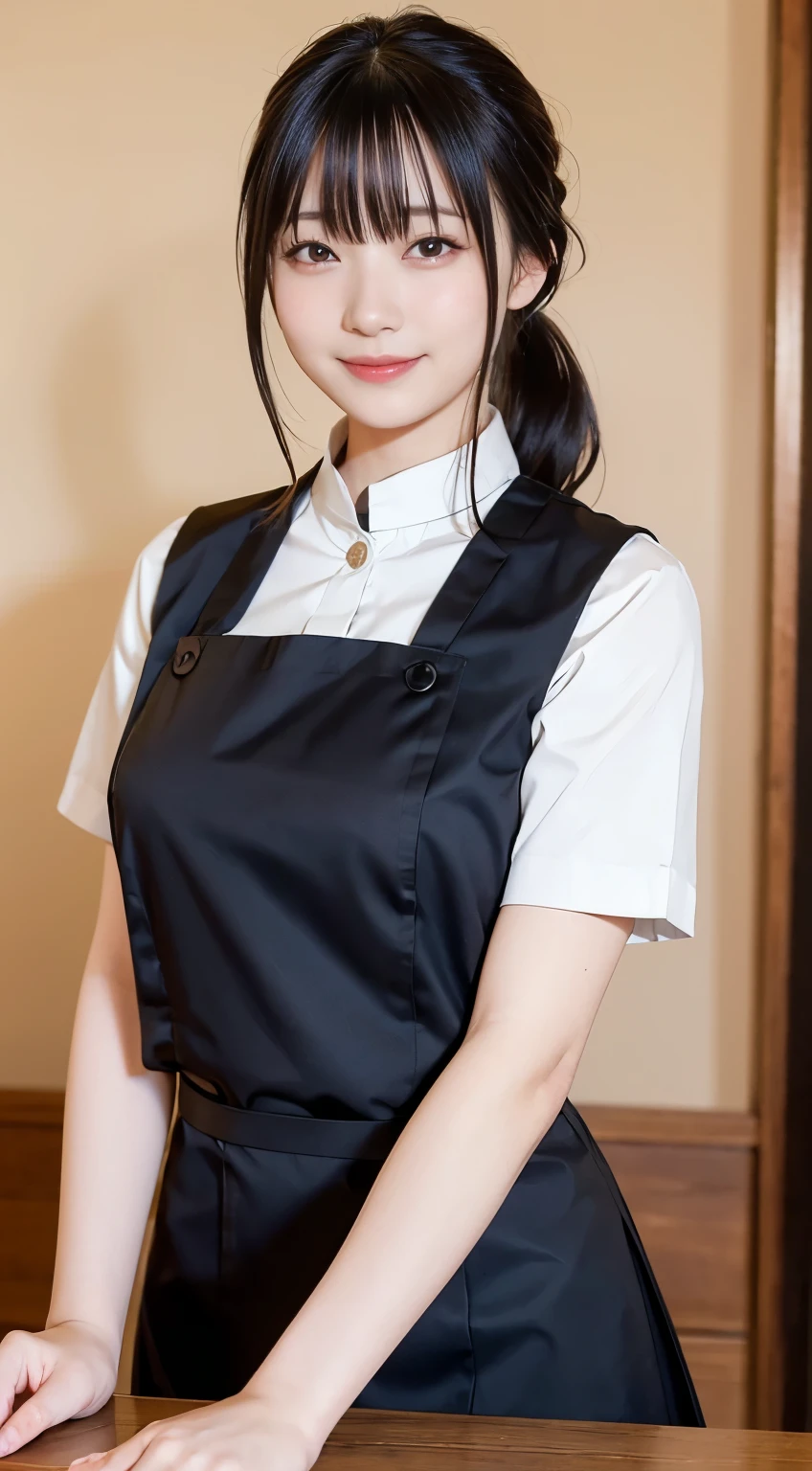 (highest quality,masterpiece:1.3,Ultra-high resolution,),(Very detailed,Caustics),(Photorealistic:1.4,RAW shooting,)Ultra-Realistic Capture,Very detailed,High resolution 16K human skin closeup。 Natural skin texture、,Pores、、、、It must be detailed enough to be easily identifiable。 Skin tone is even and healthy looking。 Use natural light and color,restaurant,Waitress Uniform,1 girl,Japanese,18-year-old,cute,Black-haired,ponytail,Big Breasts,smile,Turn your body forward,(Front view:1.1),Looking at the camera,Cowboy Shot,