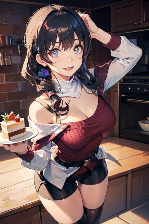 (dynamic angle:1.3, front view:1.1, breast focus:1.3, from above:1.1), (dynamic posing:1.2, sexy posing:1.2, leaning forward), (seductive smiling:1.3), ((looking at cake, holding a cake,Taking the cake out of the oven, worried about the outcome:1.2)),highest quality、(real、photorealistic:1.4),(ultra high resolution, 8K RAW photo, clear focus), best qualtiy, natural lighting, field depth, (Bright pupils, detailed beautiful eyes, high detailed face), Red lip, (tight focus:1.2), a girl 22yo old, Wearing a pastry chef uniform , Thicc, thin breast, long hair, blue eyes,off-shoulder dress, sweater dress, off-shoulder sweater　dress, red sweater,garter stocking, cleavage:1.2, midriff, black shorts, black thighhighs, thigh strap, pretty girl, (highly detailed beautiful face and eyes,firm breasts),real skin,((black,hair,long pony tail hair)),thin pubic hair,cute,lovely, detailed eyes,(double breasted:1.0,under bust:1.0),(with sparkling eyes and a contagious smile),open mouth, Looking at Viewer,A scene of cooking in the kitchen
