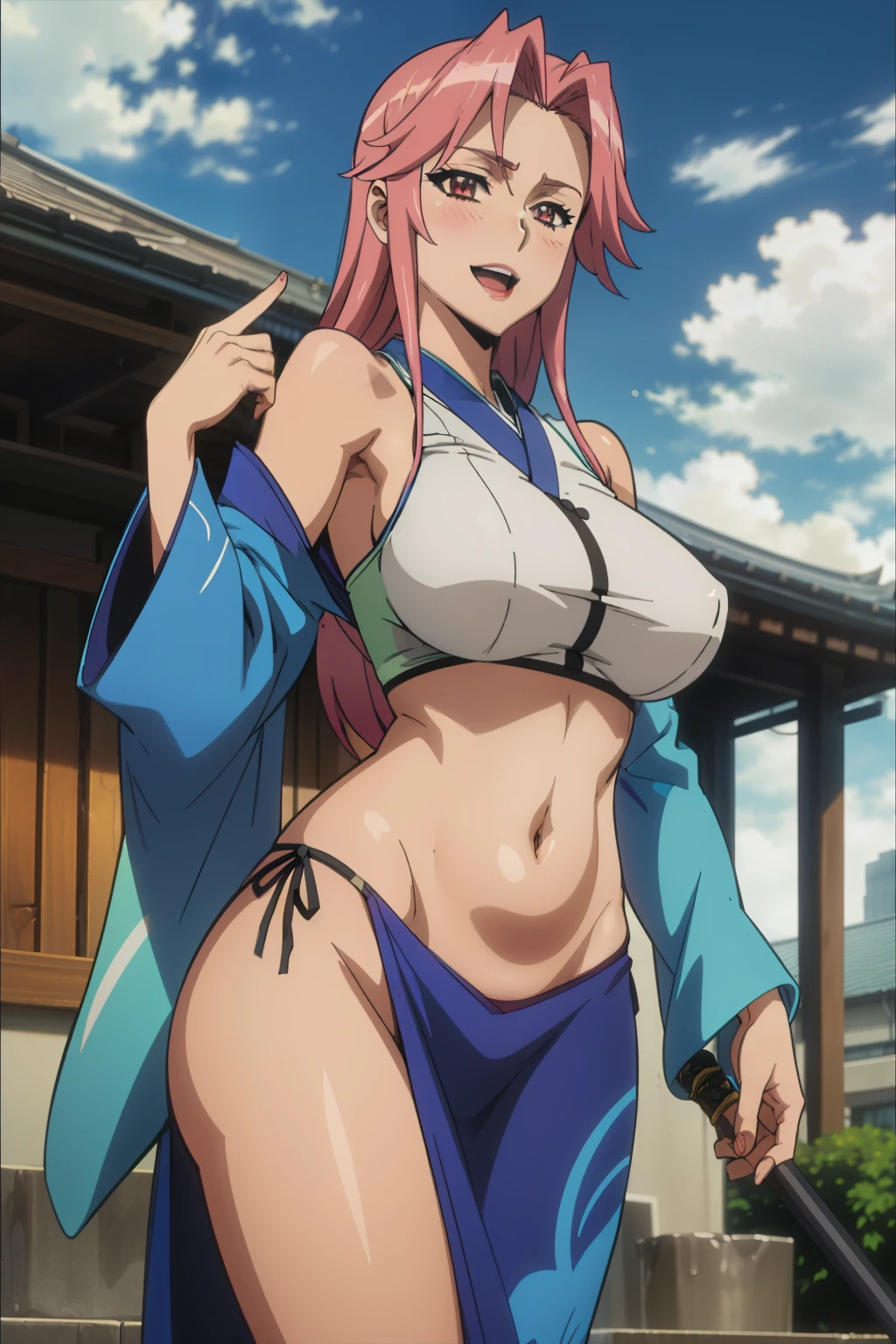 takagi yuriko, blush, lipstick, big breasts, masterpiece, best quality, highly detailed, a anime girls in kimono dress with a sword posing for a picture, bare shoulder,open kimono, evil smile, open mouth, crop top , smile, ecchi anime style, anime girls, ecchi style, ecchi, digital anime art!!, in anime style, official artwork, visual novel cg, beautiful anime girl, anime style 4 k, kimono pencil skirt, exposed belly, exposed navel, exposed midriff, exposed lower belly, outdoor, japanese architecture, temple