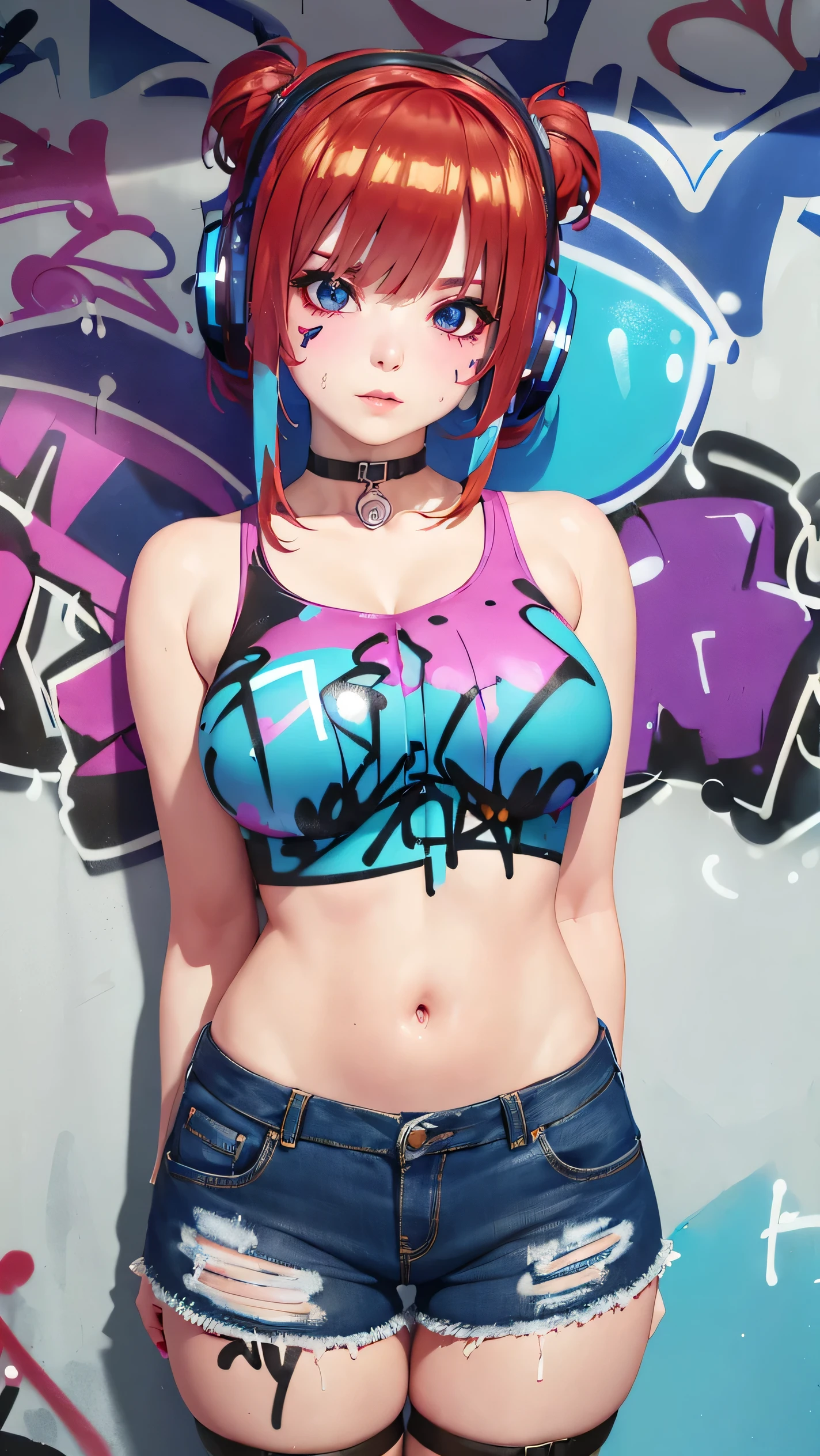 masterpiece, best quality, bbw girl, solo, crop top, denim shorts, choker, (graffiti:1.5), paint splatter, arms behind back, rear view, looking at viewer, armband, thigh strap, paint on body, head tilt, bored, multicolored hair, aqua eyes, headset,nsfw