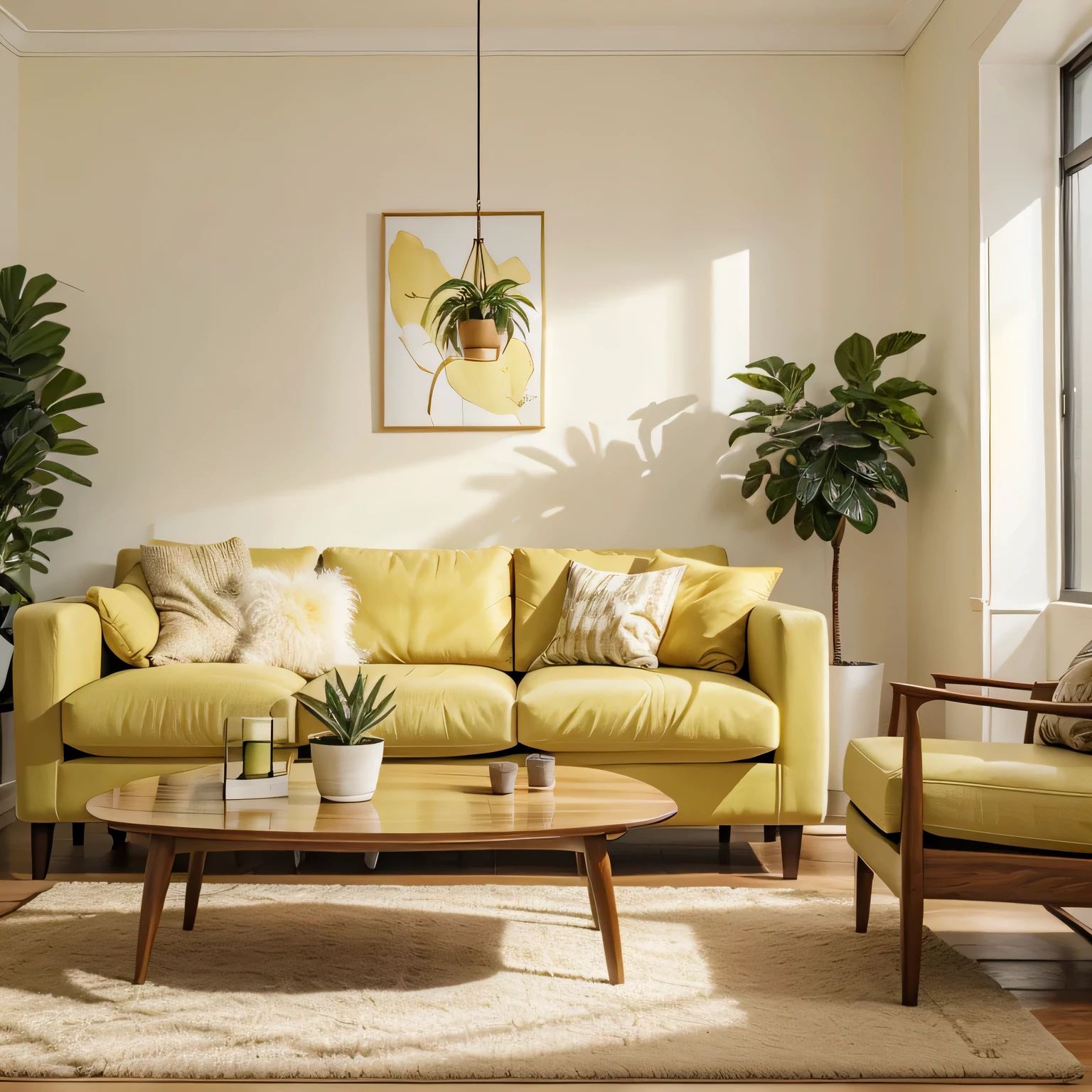 mockup, light yellow living room wall, Coffee table, end table with plant