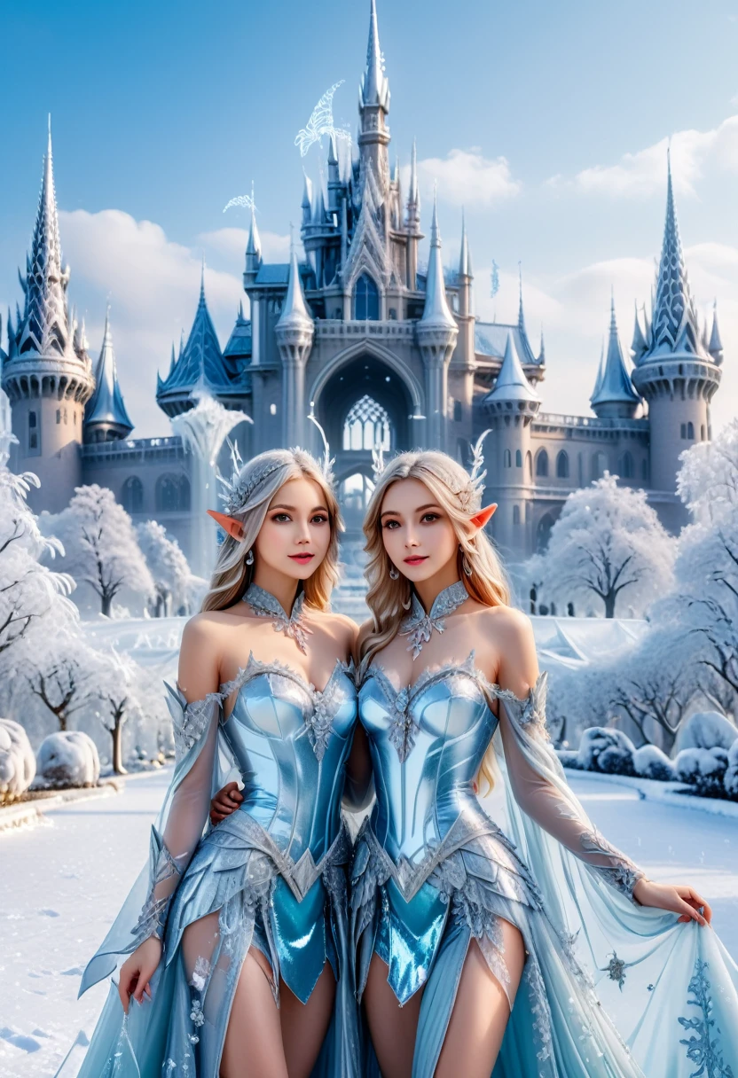 The style is fairy tale, with two pointed eared elves taking a photo in the flying snow. They are dressed in frosted and ice crystal decorations, with a silver wrapped winter world and ice crystal palace in the background. The camera is panoramic, full of a loving and warm atmosphere, (masterpiece, best quality, Professional, perfect composition, very aesthetic, absurdres, ultra-detailed, intricate details:1.3)