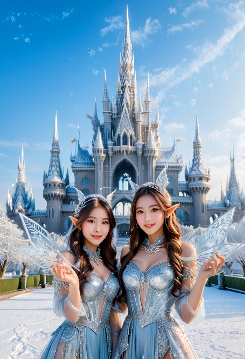 The style is fairy tale, with two pointed eared elves taking a photo in the flying snow. They are dressed in frosted and ice crystal decorations, with a silver wrapped winter world and ice crystal palace in the background. The camera is panoramic, full of a loving and warm atmosphere, (masterpiece, best quality, Professional, perfect composition, very aesthetic, absurdres, ultra-detailed, intricate details:1.3)