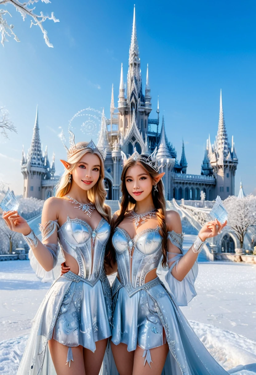 The style is fairy tale, with two pointed eared elves taking a photo in the flying snow. They are dressed in frosted and ice crystal decorations, with a silver wrapped winter world and ice crystal palace in the background. The camera is panoramic, full of a loving and warm atmosphere, (masterpiece, best quality, Professional, perfect composition, very aesthetic, absurdres, ultra-detailed, intricate details:1.3)