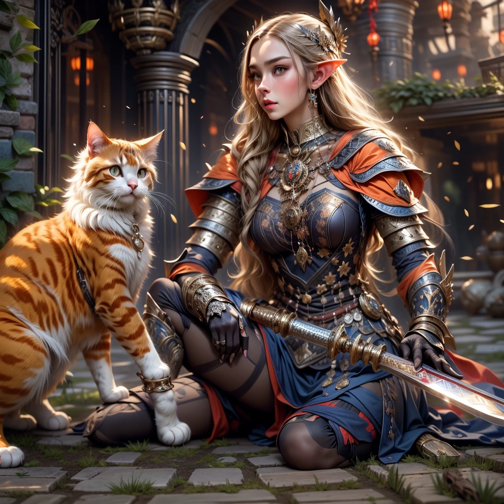 (one person with a cat) (hyperrealistic) (masterpiece) (4k) one adult female elf with dark blonde hair, forehead, wearing medieval clothes and silver armor playing with a big orange-white cat with orange-green eyes, medieval nature background, sword, books, medieval place, nature, elf with her pet, one elf and one cat