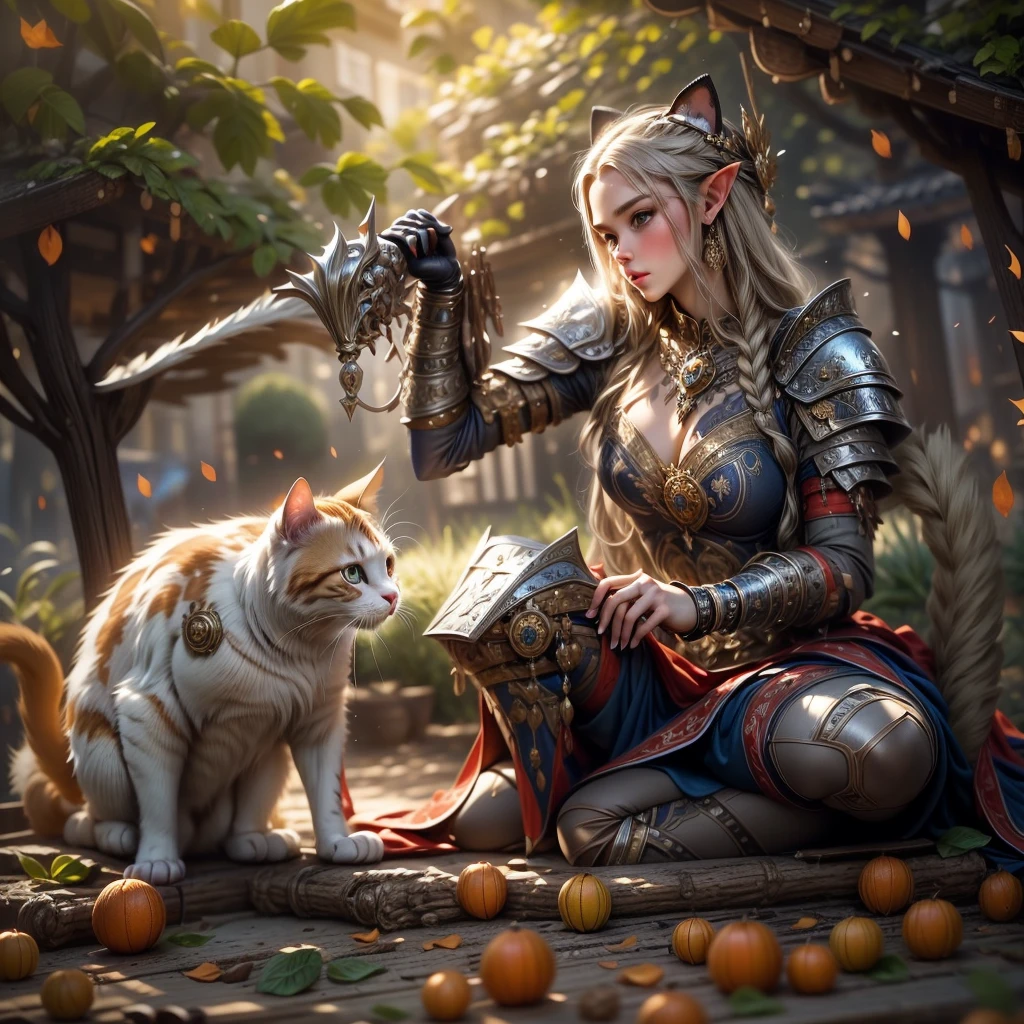 (one person with a cat) (hyperrealistic) (masterpiece) (4k) one adult female elf with dark blonde hair, forehead, wearing medieval clothes and silver armor playing with a big orange-white cat with orange-green eyes, medieval nature background, sword, books, medieval place, nature, elf with her pet, one elf and one cat