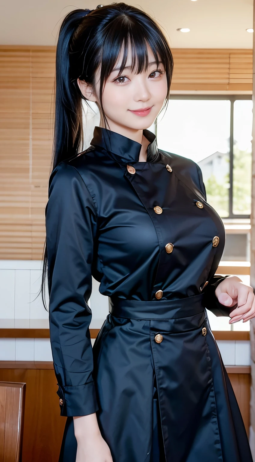 (highest quality,masterpiece:1.3,Ultra-high resolution,),(Very detailed,Caustics),(Photorealistic:1.4,RAW shooting,)Ultra-Realistic Capture,Very detailed,High resolution 16K human skin closeup。 Natural skin texture、,Pores、、、、It must be detailed enough to be easily identifiable。 Skin tone is even and healthy looking。 Use natural light and color,restaurant,Waitress Uniform,1 girl,Japanese,18-year-old,cute,Black-haired,ponytail,Big Breasts,smile,Turn your body forward,(Front view:1.1),Looking at the camera,Cowboy Shot,