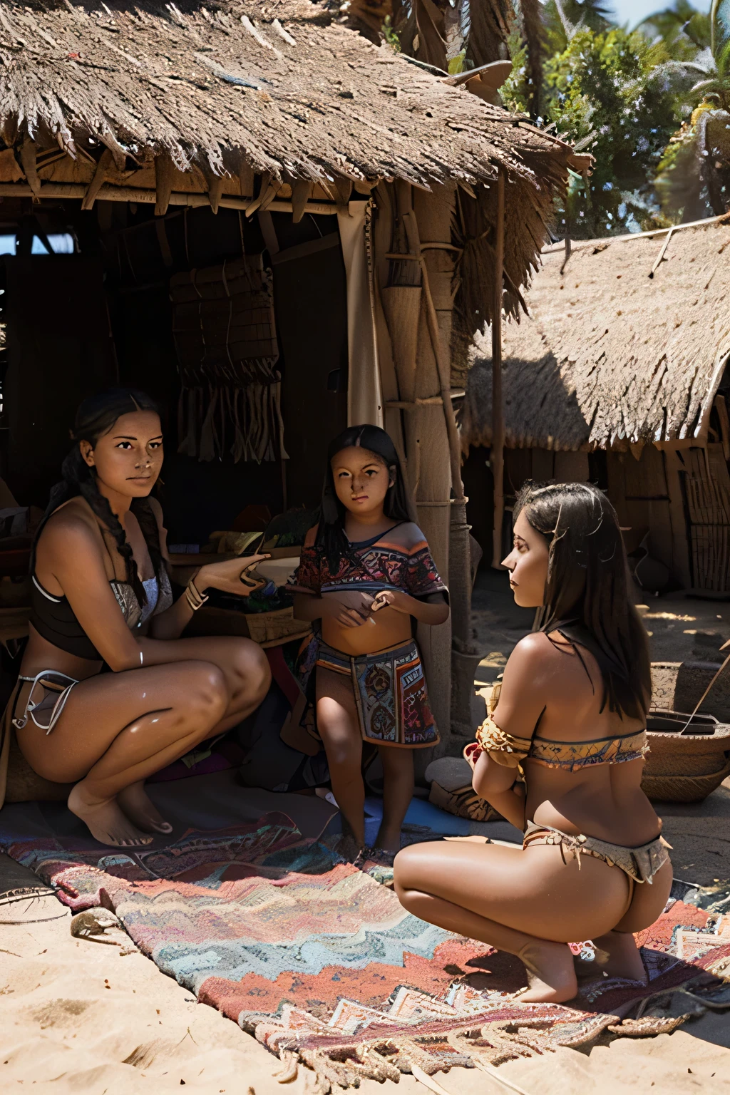 Humble Aztec hunters and huntresses with barefoot semi-nomadic with children dressed in loincloths migrating south