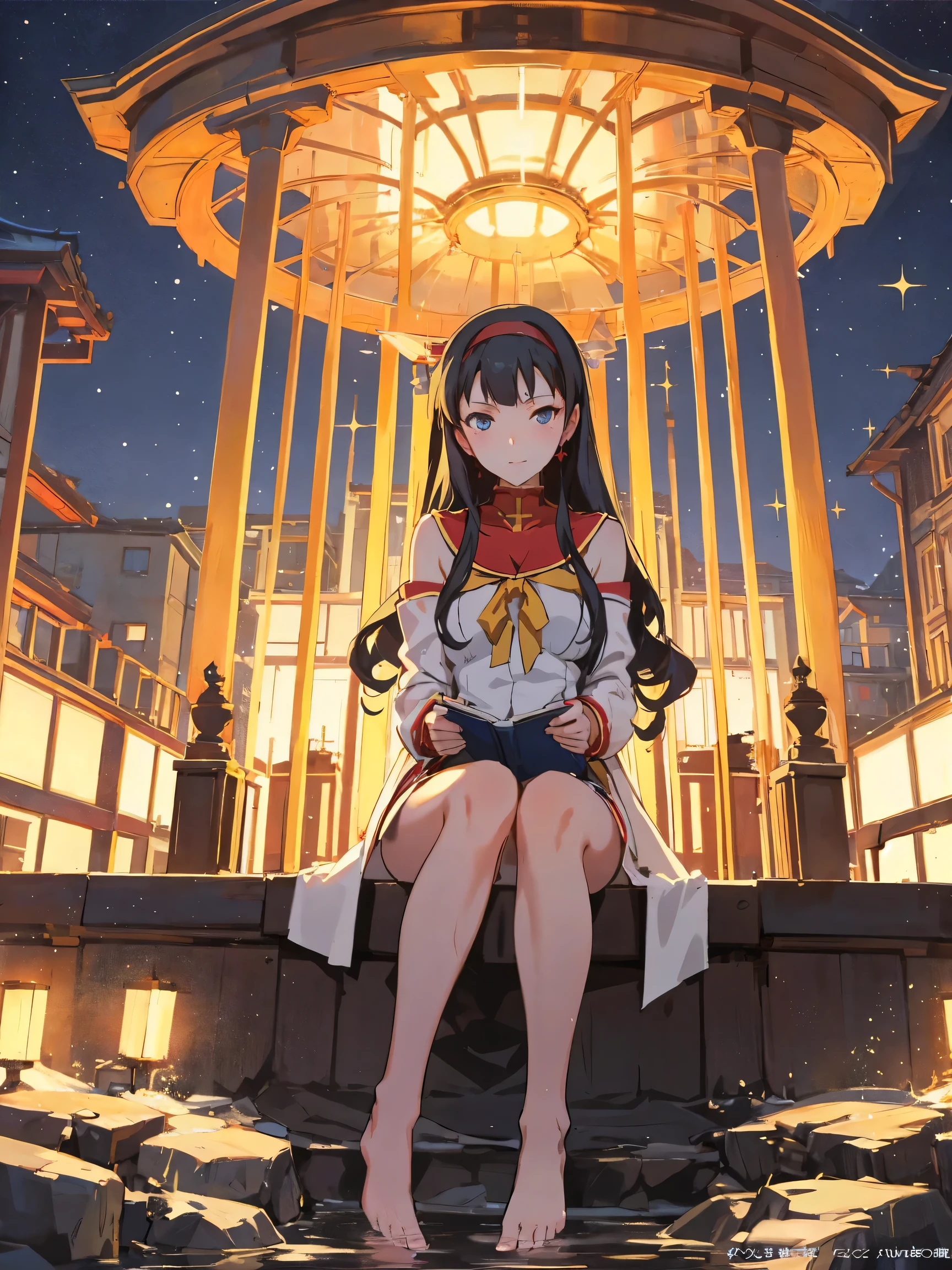 1girl,looking at viewer,(beautiful detailed blue eyes), (Persona:1.1),(14 years old:1.1), sitting, (amagi_yukiko:1.1), barefoot,  (anime eyes), curly Hair,  　((Natural open-air bath)),  (Super sparkling night sky), (steam),  wearing wet bathtowel, blister