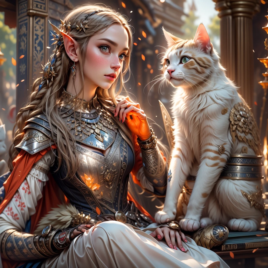 (one person with a cat) (hyperrealistic) (masterpiece) (4k) one adult female elf with dark blonde hair, forehead, wearing medieval clothes and silver armor playing with a big orange-white cat with orange-green eyes, medieval nature background, sword, books, medieval place, nature, summer, elf with her pet, one elf and one cat